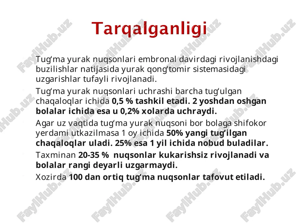 nuksoni mitral stenozi bilan. ikkinchi gurux — yurak ichidagi venoz konni arterial kon okimiga okishi bilan kuzatiladigan nuksonlar (o‘ngdan chapga, birlamchi-ko‘k). bu guruxga — fallo uchligi, tetradasi va pentadasi, uchtabakali kopkokni atreziyasi, magistral tomirlarni transpozitsiyasi kiradi uchinchi gurux — yurak magistral arteriyalarining torayishi bilan kuzatiladigan to‘gma nuksonlar: o‘pka arteriyasining stenozi, aorta stenozi, aorta koarktatsiyasi. tug’ma nuqsonlar fallo tetradasi ko’krak bukriligi exokardiografiya rentgenografiya kt mrt yurak kameralarini zondlash angiokardiografiya tez xolsizlanish ish vaktida kuchayadigan xansirash yurakni tez urushi jismoniy rivojlanishdan orqada qolishi tez-tez o’tkir respitor kasalliklarga chalinish teri rangini oqimtir tusga kirishi tananing pastki qismini ko‘karishi qorinchalar aro to’siq nuksoni qorinchalar aro devorning nuqsoni xansirash terini oqimtir tusga kirishi jigarni kattalashishi gipotrofiya jismoniy rivojlanishidan orqada qolish ko‘krak kafasini deformatsiyasi to’sh suyagining chap tomonida iii-iv qovurg’alar aro soxasida sistolik shovqini nukson soxasiga yamok tikilgan korinchalar aro devorning nuksoni o‘pka arteriyasini torayishi, korinchalar aro tusik nuksoni, aortani o‘ng tomonga siljishi va uni korinchalar …