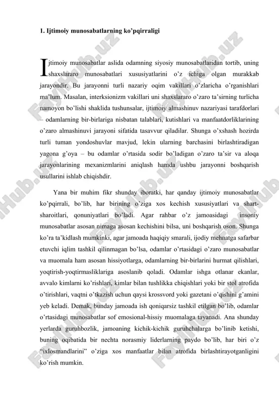 mlar ishga otlanar ekanlar, avvalo kimlarni ko’rishlari, kimlar bilan tushlikka chiqishlari yoki bir stol atrofida o’tirishlari, vaqtni o’tkazish uchun qaysi krossvord yoki gazetani o’qishini g’amini yeb keladi. demak, bunday jamoada ish qoniqarsiz tashkil etilgan bo’lib, odamlar o’rtasidagi munosabatlar sof emosional-hissiy muomalaga tayanadi. ana shunday yerlarda guruhbozlik, jamoaning kichik-kichik guruhchalarga bo’linib ketishi, buning oqibatida bir nechta norasmiy liderlarning paydo bo’lib, har biri o’z “ixlosmandlarini” o’ziga xos manfaatlar bilan atrofida birlashtirayotganligini ko’rish mumkin. boshqa jamoada esa ish butunlay boshqacha tashkil etilgan bo’lishi mumkin. oqil va tashabbuskor rahbar qo’l ostida ishlayotganlar jamoani bir yaxlitlik deb tasavvur qilib, ishga ketayotganda, eng avvalo kecha oxiriga yetkazolmagan ishlari bor-yo’qligini, bugun qanday ishni va kim bilan, kim orqali bitkazishini, ishni yanada yaxshilash uchun bugun yana qanday choralar ko’ra olishi haqida o’ylaydi. jamoaning har bir a’zosi eng avvalo ishni o’ylab uyidan chiqadi. demak, bunday jamoadagi o’zaro shaxslararo munosabatlar ham ishchanlikka asoslannadi va jamoaning eng tashabbuskor, fidoiy, aqlli a’zosi …