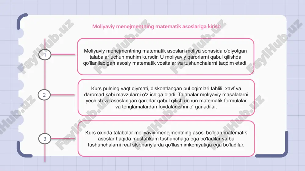 liyaviy menejmentda matematik asoslarni qo'llash matematik asoslar moliyaviy boshqaruvda hal qiluvchi rol o'ynaydi. ular murakkab moliyaviy muammolarni tahlil qilish va hal qilish uchun vositalar va usullarni taqdim etadi. moliyaviy menejmentda matematik asoslarning qo'llanilishi portfelni optimallashtirish bo'lib, unda daromadlarni maksimal darajada oshirish va xavfni minimallashtirish uchun aktivlarning optimal taqsimlanishini aniqlash uchun matematik modellar qo'llaniladi. boshqa dastur moliyaviy prognozlashda bo'lib, bu erda vaqt seriyalari tahlili va regressiya tahlili kabi matematik usullar kelajakdagi moliyaviy tendentsiyalarni bashorat qilish va asosli qarorlar qabul qilish uchun ishlatiladi. moliyaviy qarorlar qabul qilishda matematik modellar moliyaviy menejmentning matematik asoslari moliyaviy qarorlarni qabul qilishda matematik modellardan foydalanishni o'z ichiga oladi. ushbu modellar murakkab moliyaviy ma'lumotlarni tushunish va tahlil qilishda yordam beradi. matematik modellar turli matematik usullar va formulalardan foydalangan holda moliyaviy qarorlar qabul qilishda tizimli yondashuvni ta'minlaydi. ular aktivlar narxini belgilash, risklarni boshqarish, portfelni optimallashtirish va moliyaviy prognozlash bilan bog'liq muammolarni hal qilishda yordam beradi. risklarni boshqarish va matematik …