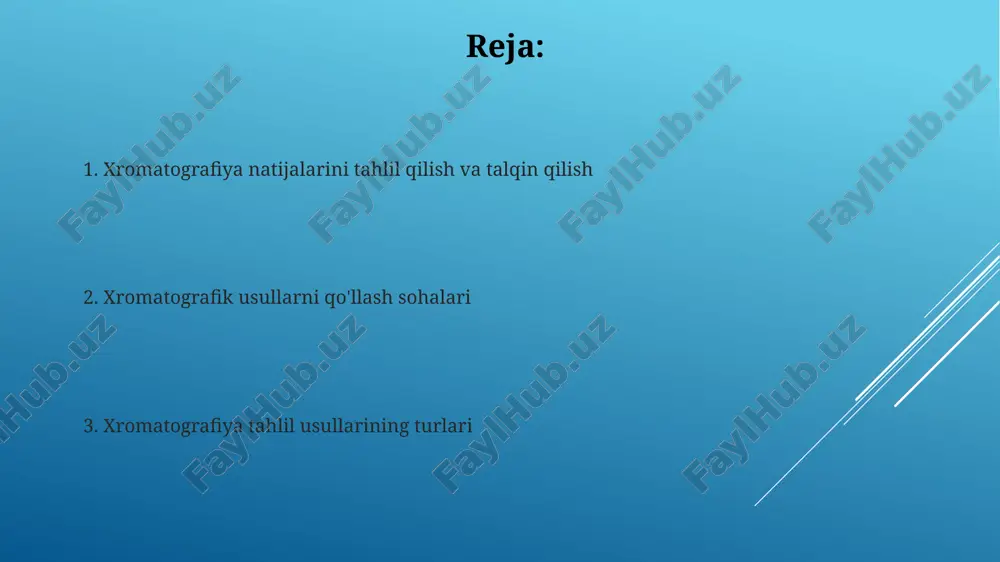 adan bir necha soatgacha o'zgaradi. suyuqlik xromatografiyasi (sx) turli xil fazalarni, masalan, teskari fazali (rp-hplc) va normal fazali (np-hplc) kabi, o'z ichiga oladi va bu usullar namunadagi komponentlarni ajratish samaradorligiga sezilarli darajada ta'sir qiladi, odatda 100 dan ortiq komponentni ajratishga qodir. xromatografik analiz natijalarini talqin qilish xromatogrammadagi piklarning retensiya vaqtini standartlar bilan taqqoslash orqali noma’lum moddalarni aniqlash mumkin, bu aniqlash 0,1% gacha aniqlikni ta’minlaydi. piklarning maydonlari yoki balandliklari analitlarning konsentratsiyasiga mutanosib boʻlib, kalibrlash egri chizigʻi yordamida miqdoriy tahlil oʻtkazish imkonini beradi, standart sapma 5% dan kam. gaz-qattiq xromatografiyasi gaz-qattiq xromatografiyasi o'ta past konsentratsiyali aralashmalardagi komponentlarni aniqlashda, masalan, havo ifloslanishini tahlil qilishda, 1 ppm dan past konsentratsiyalarda ham aniq natijalar beradi. gaz-qattiq xromatografiyasi yuqori qutbli birikmalarni, masalan, suvni, spirtlarni va aminlarni ajratishda samarali bo'lib, 5-10% gacha suv tarkibiga ega namunalarni tahlil qilish imkonini beradi. yupqa qatlamli xromatografiya yupqa qatlamli xromatografiya usuli oddiy, arzon va tezkor bo'lib, komponentlarni ajratish uchun 0,25 mm …