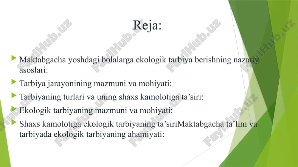 sa sifatida yondashishni talab etgan. shuning uchun ham sinfiy jamiyatda tarbiyafaqat sinfiy xususiyatga ega boʻladi va turli sinflarning tarbiyasi bir-biriga qaramaqarshi turadi degan qarash qaror topgan. holbuki, dunyo ilmi, ayniqsa, sharq tarbiyashunosligi va oʻzbek xalq ped.si tajribasi tarbiyaning sinfiy koʻrinishga ega emasligini isbot etdi. shuningdek, kommunistik mafkura tazyiki tufayli tarbiyada ijtimoiy muassasalarning oʻrniga ortiqcha baho berildi, bu jarayonda irsiy va biologik xususiyatlar deyarli xisobga olinmadi. tarbiyalanuvchi shaxsining tarbiyaga berilish yoki berilmaslik xususiyatlarining hisobga olinmasligi tarbiyaviy tadbirlarga maxliyo boʻlishdek pedagogik xatolikka olib keldi. buning natijasida tarbiya maqsadsiz boʻlib qoldi, tarbiyalanuvchilarga alohida shaxs sifatida emas, istalgan ijtimoiy yoʻnalishga solinishi mumkin boʻlgan qiyofasiz tuda, olomon tarzida qarash karor topdi, bu hol tarbiyaning samarasizligiga olib keldi. chunki tarbiyaning asosiy obʼyekta boʻlmish shaxs va uning oʻziga xoslik jihatlari unutilgan edi. shoʻro pedagogik tizimidagi kamchiliklarning ildizi, asosan, mana shu yondashuv tarziga borib takaladi. ekologik madaniyatning xususiyatlari ekologik madaniyatni tarbiyalash maqsadida aqliy tarbiya: bilim, ilm, malaka, ko’nikma; …