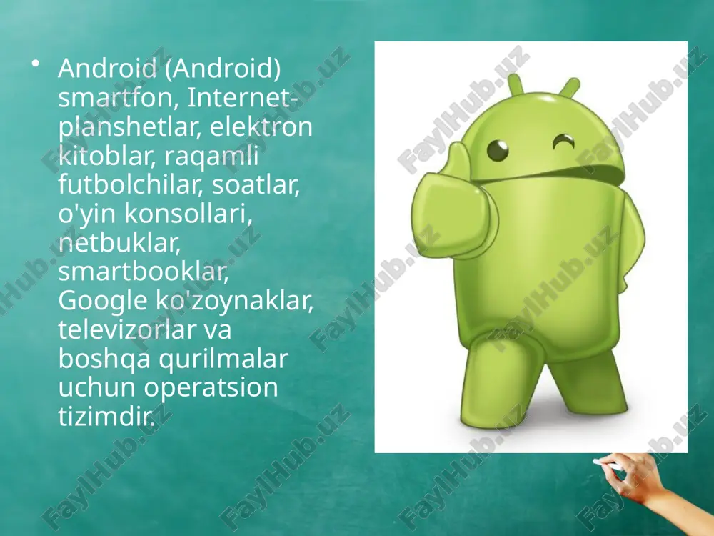 n va planshetlarga qo'shimcha ravishda, android operatsion tizimi boshqa qurilmalarga o'rnatilgan. shunday qilib, 2009 yil oxirida androidda ishlaydigan birinchi foto ramkalar sotuvga chiqarildi. 2011-yil iyun oyida italiyaning blue sky kompaniyasi android operatsion tizimida ishlaydigan "watch watch" aqlli soatini e'lon qildi. 2012-yil avgustda nikon dunyodagi birinchi kamerani taqdim etdi, u android-da ishlaydi. google nexus seriyasida nafaqat smartfon va planshet, balki android va nexus player-da ishlaydigan nexus q media pleer ham mavjud. 2012-yil oktabr oyida kompaniyaning ijrochi direktori larri peyx 500 milliondan ortiq android-smartfon va planshetlarni ishga tushirganligini e'lon qildi. bundan tashqari, ushbu operatsion tizimga asosan 1,3 million qurilmalar har kuni faollashtirilganini aytdi. 2013 yilning sentyabr oyi boshida dunyoda bir milliarddan ziyod android qurilmasi ishga tushirildi. 2015-yil 29-sentabr kuni google bosh direktori sundar pichay android qurilmalari foydalanuvchilari soni 1,4 milliarddan oshganini ta'kidladi. android operatsion tizimiga oid dasturlar - dalvik virtual mashinasi uchun standart bo'lmagan bayt kodi dasturlari, ular uchun o'rnatish paketlari formati …