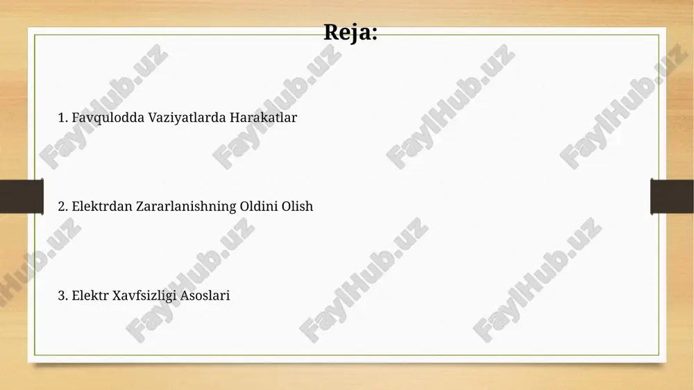 siyalar ko'rsatilgan. elektr qurilmalarini loyihalash, oʻrnatish va ekspluatatsiya qilish boʻyicha 10 dan ortiq davlat standartlari va texnik reglamentlari mavjud boʻlib, ular elektr xavfsizligini taʼminlashga qaratilgan. elektr jihozlaridan foydalanish qoidalari elektr jihozlaridan foydalanishda, 3 dan ortiq qurilmani bitta rozetkaga ulash taqiqlanadi, chunki bu elektr tarmoqlarining haddan tashqari yuklanishiga va yongʻin xavfi hosil boʻlishiga olib kelishi mumkin. elektr jihozlarini 220v dan yuqori kuchlanishli tarmoqqa ulashdan oldin, ularning izolyatsiyasining holatini tekshirib, 1000v dan kam boʻlmagan sinov kuchlanishiga chidamliligini aniqlash kerak. ish joylarida elektr xavfsizligi elektr simlarining izolyatsiyasi shikastlangan bo'lsa, darhol 0,5 metrdan kam masofada yaqinlashmaslik va energiya manbasini o'chirish kerak. bu, 220v dan 380v gacha bo'lgan kuchlanishlarda ham jiddiy jarohatlar olish ehtimolini kamaytiradi. ish joylarida elektr xavfsizligi bo'yicha o'qitish har 12 oyda kamida bir marta takrorlanishi va 5 soatdan kam bo'lmasligi kerak. o'qitish nazariy bilimlar va amaliy mashg'ulotlarni o'z ichiga olishi zarur. xavfsizlik choralari elektr toki urishi xavfini kamaytirish uchun, 220v dan yuqori …