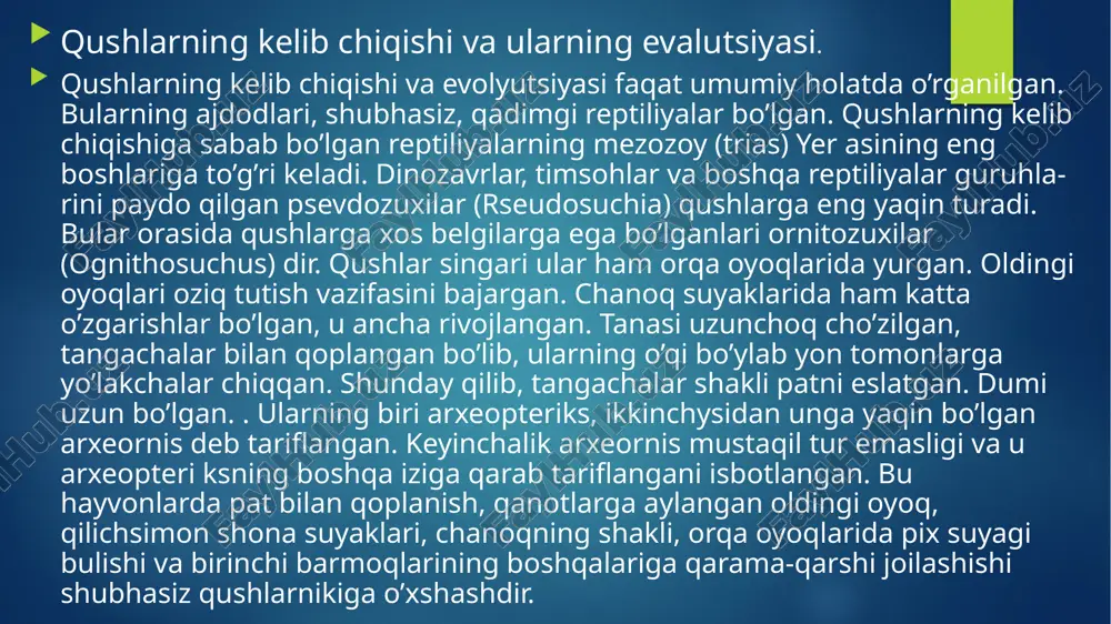 bo’lgan. qanotlari va oldingi oyoqlari bo’lmagan. oldingi oyoqlari rudimentar yelka suyagidan iborat bo’lgan. to’sh suyagida tosh bo’lmagan. ular suvda yashab kuchli orqa oyoqlari yordamida suzgan. tashqi ko’rinishidan gagaralarga o’xshash bo’lgan. ixtiornislar yaxshi uchuvchi qushlar bo’lgan. qanot va baland tojli to’sh suyagi buning dalilidir. har ikkala guruhdagi qushlar jag’ida tishlar bo’lgan. uchlamchi davrda hozirgi qushlarga juda yaqin bo’lgan haqikiy qushlar paydo bo’lgan. eotsenda hali sistematik jihatdan hozirgi kurakoyoqli qushlarga yaqin bo’lgan tishli qushlar (odontopteryx) uchragan. shu davrdayoq chumchuqsimonlar, jarqaldirg’ochlar, qizilishtonlar, loyxo’raklar paydo bo’lgan. oligotsen va ayniqsa miotsenda ornitofaunaning tarkibi yana ham yaqinroq bo’lgan. juda ko’p hozirgi qushlar: ukkilar, boyqushlar, flamingolar, qarg’alar, qizilqushlar, bulduruqlar, gagaralar, baliqchilar, qashqaldoqlar, g’ozlar va boshqalar kelib chiqqan. arxeoptriks gesperornis ixtiornis qushlar sudralib yuruvchilarga oʻxshaydi, lekin tanasi pat bilan qoplanganligi tufayli ulardan farq qiladi. patlar qushlar tanasida issiqlikni saqlaydi; uchishda havo qarshiligini kamay-tirib, havoda koʻtarish yuzasini hosil qiladi (qanot, dum). uchish va har xil harakatlanish (yugurish, suzish, shoʻn-gʻish)ga …