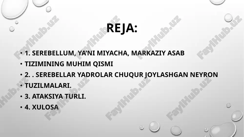 va silliqligini saqlaydi. fastigial yadrosi tana muvozanati va posturani boshqarishda markaziy rol o‘ynaydi. bu yadro signallarni vestibulyar tizim va orqa miya orqali uzatadi, shunda inson turishi va harakatlari barqaror bo‘ladi. serebellum shikastlansa, ataksiya deb ataladigan holat yuz beradi. ataksiya harakatlarni noaniqlashtiradi, muvofiqlashuvni buzadi va odamning kundalik faoliyatini cheklashi mumkin. bu nerv tizimi shikastlanganda tez-tez kuzatiladi. ataksiya turli shakllarda namoyon bo‘lishi mumkin: yurishda noaniqlik, qo‘l harakatlarining tartibsizligi va og‘zaki koordinatsiya muammolari. bu holat serebellumning turli qismlariga bog‘liq ravishda farqlanadi. miya yadrolari sezgi va harakat signallarini qayta ishlashda vositachi vazifasini bajaradi. ular turli qismlardan kelayotgan impulslarni birlashtiradi va markaziy asab tizimining boshqa qismlariga to‘g‘ri signallar yuboradi. bazal gangliyalar ixtiyoriy harakatlarni nazorat qiladi va motorik funksiyalarni tartibga soladi. ular serebellum bilan hamkorlik qilib, murakkab harakatlarni boshqaradi va harakatning aniqligini oshiradi. talamus markaziy asab tizimining asosiy qayta ishlovchi yadro hisoblanadi. u sezgi ma’lumotlarini boshqaradi va serebellum orqali motorik tizimga uzatadi. shu tarzda miya signallarni …
