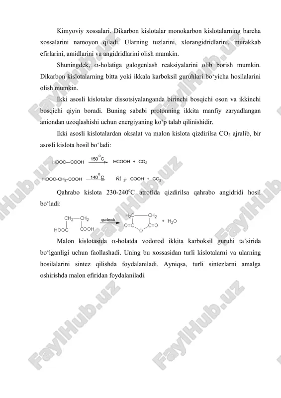 asosli kislota hosil bo‘ladi: qahrabo kislota 230-2400c atrofida qizdirilsa qahrabo angidridi hosil bo‘ladi: malon kislotasida -holatda vodorod ikkita karboksil guruhi ta’sirida bo‘lganligi uchun faollashadi. uning bu xossasidan turli kislotalarni va ularning hosilalarini sintez qilishda foydalaniladi. ayniqsa, turli sintezlarni amalga oshirishda malon efiridan foydalaniladi. adabiyot: 1. o.ya.neyland organicheskaya ximiya. m.: «viysshaya shkola». 1990. s.556-560 2. a.terney sovremennaya organicheskaya ximiya m.: «mir». 1981. t.2 s. 133-135 3. z.gauptman, yu.grefe, x.remane organicheskaya ximiya. m.: "ximiya" 1979g. s. 427-432 image6.wmf image7.png image1.wmf image2.wmf image3.wmf image4.png image5.wmf