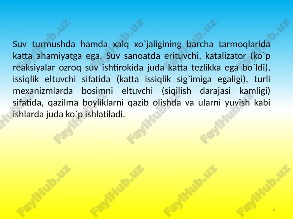 n, hozirgi vaqtda texnologik jarayonlarda ijloji boricha suvni kam ishlatish, ya`ni chiqindi suvlar hosil qilmaydigan “quruq jarayon” larga o`tish masalasi katta ahamiyatga ega. sanoat suvlarini tayyorlash – kompleks operatsiyalardan iborat bo`lib, bunda u zararli qo`shilmalardan (erigan, kaloid va zarracha holdagi) xolos etilib, uning tozaligi ta`minlanadi. asosiy operatsiyalar: suvni mexanik zarrachalardan tindirish; filtrlash orqali tozalash; yumshatish; tuzsizlantirish; neytrallash; gazsizlantirish; zararsizlantirish; tabiiy suv havzalari haqida ma’lumotlarni o’rganish darsda ishlatilgan atamalarning inglizcha tarjimasi va talaffuzini yozib kelish uyga vazifa: 8 dars so`ngida talabalar bilan “harakatlar strategiyasi” hamda internet haqida suhbat o`tkazilib dars yakunlanadi. talabalar turli sovg`alar bilan rag`batlantiriladi. e`tiboringiz rahmat!!! uchun image1.gif image2.png image3.jpeg image4.jpeg image5.png image6.jpeg image7.jpeg image8.gif