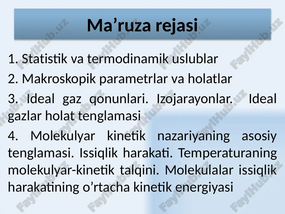 2 marta kattaligini ko’rsatadi yoki 1 m.a.b. аvogardo soni istalgan moddaning bir molida nechta atom (molekulа) borligini ko’rsatadi. 6 моlekulyar – kinetik tasavvurlar modda miqdori:  (mol) – massasi gramlarda son jihatidan nisbiy massaga teng bo’lgan modda miqdoridir istalgan moddaning 1 moli 0,012 kilogram ugleroddagi atomlar soniga teng atom yoki molekulalarga ega bo’ladi 7 моlekulyar – kinetik tasavvurlar моlyar massa – bir mol moddaning massasidir bitta atomga to’g’ri keluvchi а chiziqli o’lcham nisbiy molyar massasini molyar massaga bog’liqligi 8 теmperatura temperatura – moddaning isitilganlik darajasini ko‘rsatuvchi fizikaviy kattalikdir va makroskopik tizimning termodinamik muvozanat holatini xarakterlaydi termodinamik temperatura shkalasi bitta reper nuqta bilan aniqlanadi – bu suvning gaz, suyuqlik va qattiq fazaviy holati bilan bog‘liq uchlik nuqtasidir. termodinamik temperatura shkalasida bu reper nuqta 273,16 k ga tengdir. 1 kelvin suvning uchlik nuqtasi termodinamik temperaturasining 1/273,16 qismiga tengdir таbiatda absolyut noldan past temperatura bo’lmaydi! 9 selsiy shkalasi absolyut temperatura suv qaynaydi muz …