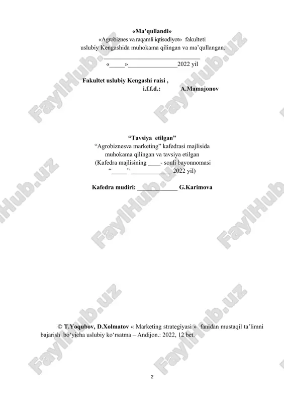 o’qitishdan maqsad– ishlab chiqarishni modernizatsiya qilish, texnik yangilash va diversifikatsiya qilish, innovatsion texnologiyalarni keng joriy etish, eksportga mahsulot chiqaradigan korxonalarning tashqi bozorlarda raqobatbardosh bo‘lishini qo‘llab-quvvatlash, qat’iy tejamkorlik tizimini joriy etish hamda jahon bozorida talab pasayib borayotgan bir sharoitda, ichki bozorda talabni rag‘batlantirish orqali mahalliy ishlab chiqaruvchilarni qo‘llab-quvvatlash hamda iqtisodiyotni modernizatsiya qilish sharoitlarida xo‘jalik yurituvchi sub’ektlari faoliyatini tahlil qilish asosida uning rivojlanish strategiyasini ishlab chiqishdan iborat. fanning vazifalari – bozor iqtisodiyoti sharoitida marketingning roli, marketing va ehtiyojning qondirilishi, bozorni segmentlash vositasida ehtiyojlar tahlili, bozorning jozibadorligini tahlil etish, marketing strategiyasini tanlash, taqsimot, narx, kommunikatsiya bo‘yicha strategik qarorlar qabul qilish kabi masalalarni o‘rgatishdir. fan bo’yicha talabalarning bilim, ko’nikmava malakalariga quyidagi talablar qo’yiladi. talaba: - marketing strategiyasini tanlash xaqida, strategik marketing rejasini tuzilishi xaqida tasavvurga ega bo‘lmog‘i; asosiy bozorni tanlashni, marketing va ehtiyojning qondirilishi xaqida, yangi makro muhit sharoitidagi marketing haqidagi tushunchalarni bilish kerak ; - xaridor xulq-atvori tahlili uslublari, bozorni segmentlash vositasida ehtiyojlar …