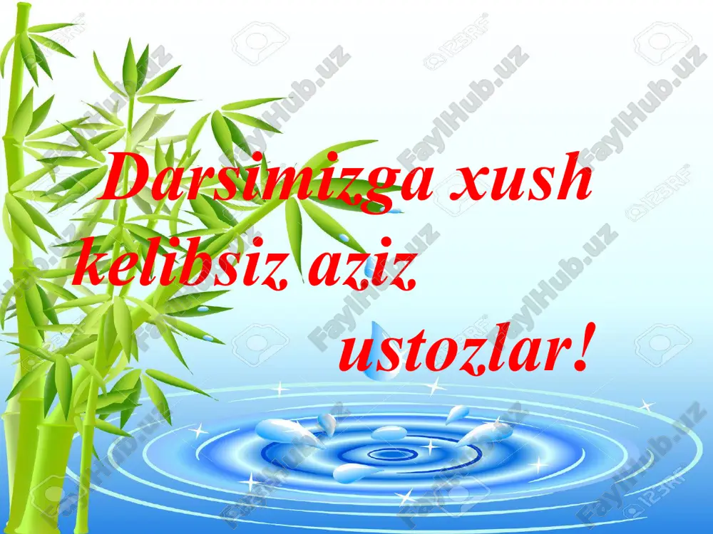 huncha, bilim, malaka va ko`nikmlarni hosil qilish. interfaol metodlar: “men-o`yindaman”, “men-amaliyotdaman”, “men-muloqotdaman”, “fikriy hujum”, “ikki qismli kundalik” guruhlarda ishlash. dars metodi: dars jihozi: h2o cao na metali gazlangan ichimlik tarqatma materiallar o`quv film 1. salomlashish. 2. davomatni aniqlash va o`quvchilarning darsga tayyorligini nazorat qilish. 3. siyosiy daqiqa (habar va yangiliklar so`rash ) i.tashkiliy qism: shundan so`ng yurtimizda va dunyoda bo`layotgan voqea, yangiliklar hamda kimyo faniga doir yangiliklar so`raladi.o`quvchilar esa qisqa savollar orqali 3 guruhga bo`lib olinadi. . dastlab o`qituvchi o`quvchilar bilan salomlashib, sinf davomatini aniqlaydi, o`quvchilarning darsga tayyorligini nazorat qiladi va darsni boshlaydi. \ 4 \ 4 ofarin bilimdonlar guruhlar balli sistemada kartochkalar orqali baholab boriladi. 4 balli ofarin 5 ofarin 1-guruh. “metallar” 2-guruh “metallmaslar” 3-guruh “galogenlar” o`quvchilar guruhlarga bo`linadi. 3 ta shart orqali mustahkamlanadi. 1-guruh. “metallar” 2-guruh “metallmaslar” 3-guruh “galogenlar” “men-o`yindaman”, “men-amaliyotdaman”, “men-muloqotdaman”, ii.o`tgan mavzuni mustahkamlash: o`tilgan darsdagi “vodorod sof ekologik yonilg`i” mavzusi har bir guruhga alohida topshiriq berish …