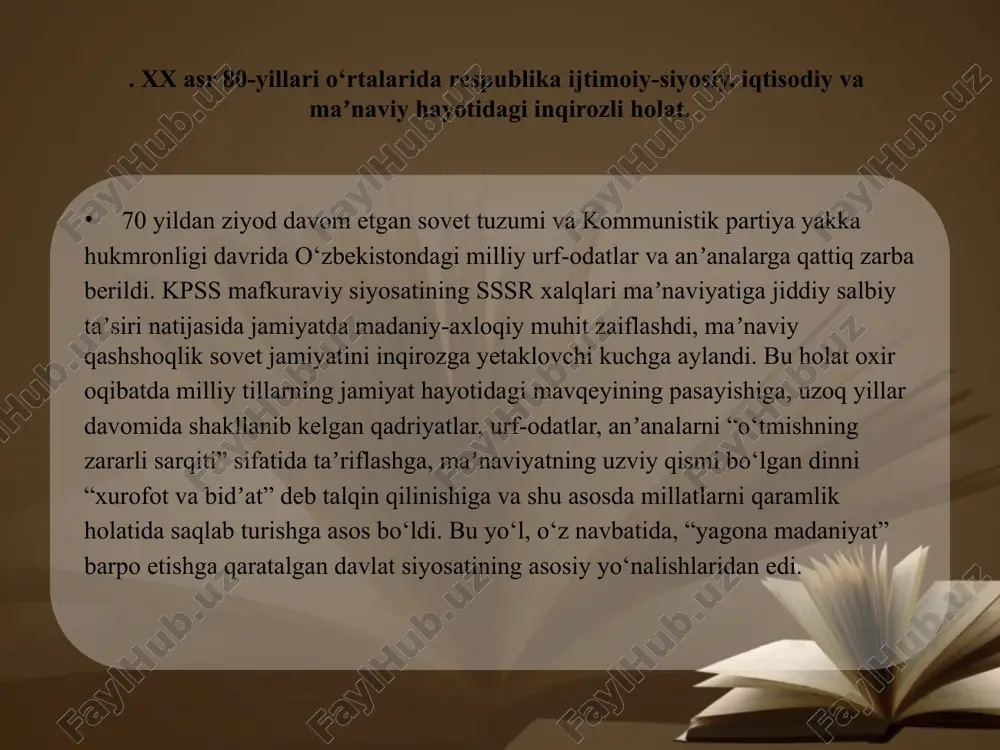 ev va r.аbdullayevaning “mafkuraviy bo‘shliqni” yuzaga keltirmaslik borasidagi saʼyi-harakatlari natijasida 1986-yilga kelib, “navruz” bayrami bekor etildi. islom diniga aloqasi bo‘lmagan bayramga “diniy” degan tamg‘a bosildi 1985-1986-yillarda respublika ommaviy axborot vositalari ham bu bayramni o‘z sahifalarida yoritmadi. garchi “navro‘z” bayrami sovet hukumati tomonidan eʼtiborga loyiq deya hech qachon rag‘batlantirilmagan bo‘lsa-da, lekin sovet hokimiyatining barcha davrlarida bu bayram xalq orasida yashab, anʼanaviy tarzda ham nishonlanib kelingan qayta qurish sssrdagi “qayta qurish” jarayoni avval boshdanoq siyosiy sohani qamrab oldi. iqtisodiy islohotlar esa unga bo‘ysunuvchan ahamiyat kasb etdi. oradan ko‘p o‘tmay, jadallashib borayotgan siyosiy jarayonlar (oshkoralik, demokratiya) bilan sust rivojlanayotgan iqtisodiyot o‘rtasida katta farq ko‘zga tashlana boshladi. bu paytda sssrning tarkibiy qismi bo‘lgan o‘zbekiston ssr ham qayta qurish girdobiga tortildi, uning qonuniyatlariga amal qildi. qayta qurishning birinchi bosqichi (1985-1986-yillar), asosan, maʼmuriy tashkiliy tadbirlarning anʼanaviy usullarda olib borilishi bilan xarakterlanadi. mazkur bosqichda kun tartibiga qo‘yilgan vazifalardan biri ilmiy-texnika taraqqiyoti yutuqlarini ishlab chiqarishga jalb etish asosida …