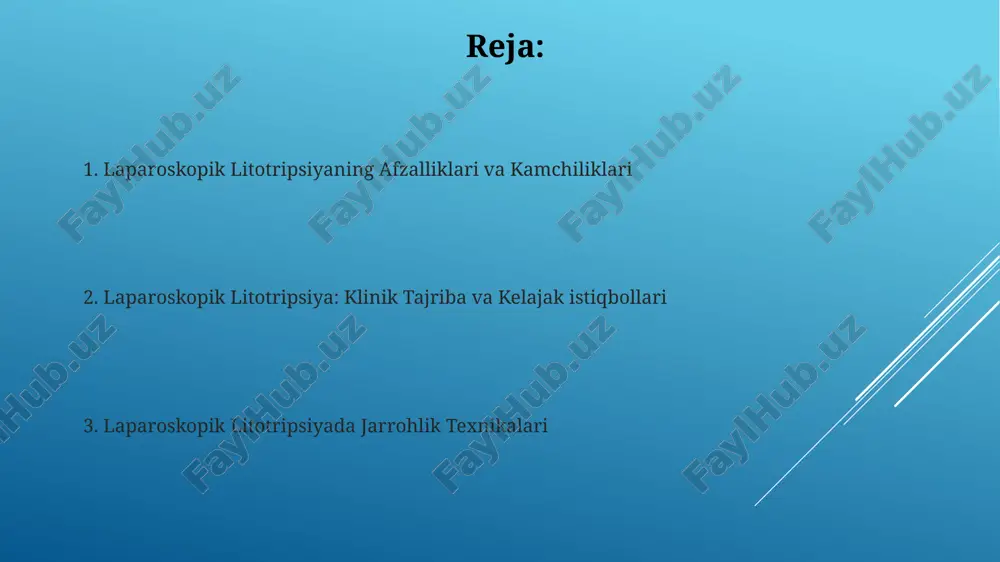 0% dan yuqori muvaffaqiyat ko'rsatkichiga ega. jarrohlik davomida minimal invaziv usul tufayli bemorlar tezroq tiklanadi, kasalxonada qolish muddati 2-3 kungacha qisqaradi va asoratlar soni sezilarli darajada kamayadi. toshlarni olib tashlash va drenajlash jarrohlik paytida toshlarni olib tashlash va drenajlash samaradorligini baholash uchun rentgenologik tekshiruvlar, masalan, kub (qorin bo'shlig'i ko'rinishi) rentgenografiyasi, qo'llaniladi. laparoskopik litotripsiyada 5-10 mm li trokarlardan foydalanib, mayda toshlarni olib tashlash va drenajlash jarayoni minimal invaziv boʻlib, bemorning tezroq tiklanishiga yordam beradi. laparoskopik litotripsiyada ishlatiladigan asboblar litotripsiya jarayonida toshlarning o‘lchami va joylashuviga qarab, ultratovush yoki lazer litotriptorlari, shuningdek, toshlarni ushlab turish va olib tashlash uchun 2-3 dona miniatyura klieşlar ishlatiladi. jarrohlik maydonini yaxshi ko‘rishni ta’minlash uchun yuqori aniqlikdagi 1080p yoki undan yuqori rezolyutsiyali video kamera va yorug‘lik manbai muhim ahamiyatga ega bo‘lib, jarayonni kuzatish va boshqarishni osonlashtiradi. bemorlarni kuzatuv va monitoring bemorlarning laparoskopik litotripsiyadan keyingi tiklanish davrida, taxminan 5-7 kun ichida, qorin bo'shlig'ida og'riq, isitma va boshqa asoratlar mavjudligini …