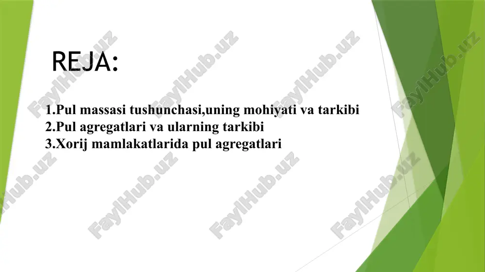 tiga monetizatsiya koeffisenti 17 % ni tashkil qiladi. pul massasi darajasini tavsiflovchi muhim ko’rsatkichlardan yana biri monetizatsiya koeffitsienti: mk- monetizatsiya koeffitsienti 2. pul agregatlari va ularning tarkibi aqsh da pul massasini aniqlash uchun 4 ta pul agregati, yaponiya va germaniyada – 3 ta, angliya va frantsiyada – ikkita pul agregatidan foydalaniladi. pul agregatlari – bu pul massasini muqobil o’lchash imkoniyatini beruvchi ko’rsatkichlardir. o‘zbekistonda pul massasi qo‘yidagi pul agregatlaridan iborat: м0 м1 m0+ tijorat banklaridagi talab qilib olinadigan va joriy hisobvaraqlardagi qoldiqlar м2 muomaladagi naqd pullar м3 m1+ tijorat banklaridagi muddatli depozitlar va jamg‘armalar m2+tijorat banklari depozit sertifikatlari, obligatsiyalar, davlat zayom obligatsiyalari, xazina majburiyatlari rossiya federatsiyada muomaladagi jami pul massasi hisob-kitobi uchun quyidagi pul agregatlari qo‘llaniladi. mo agregati - naqd pullar; m1 agregati - mo agregati va hisob-kitob, joriy va boshqa schyotlar (maxsus schyotlar, kapital qo‘yilmalar schyotlari, akkreditiv va chek schyotlari, mahalliy byudjet schyotlari, kasaba, uyushmalari jamoat va boshqa tashkilotlarning schyotlari, …