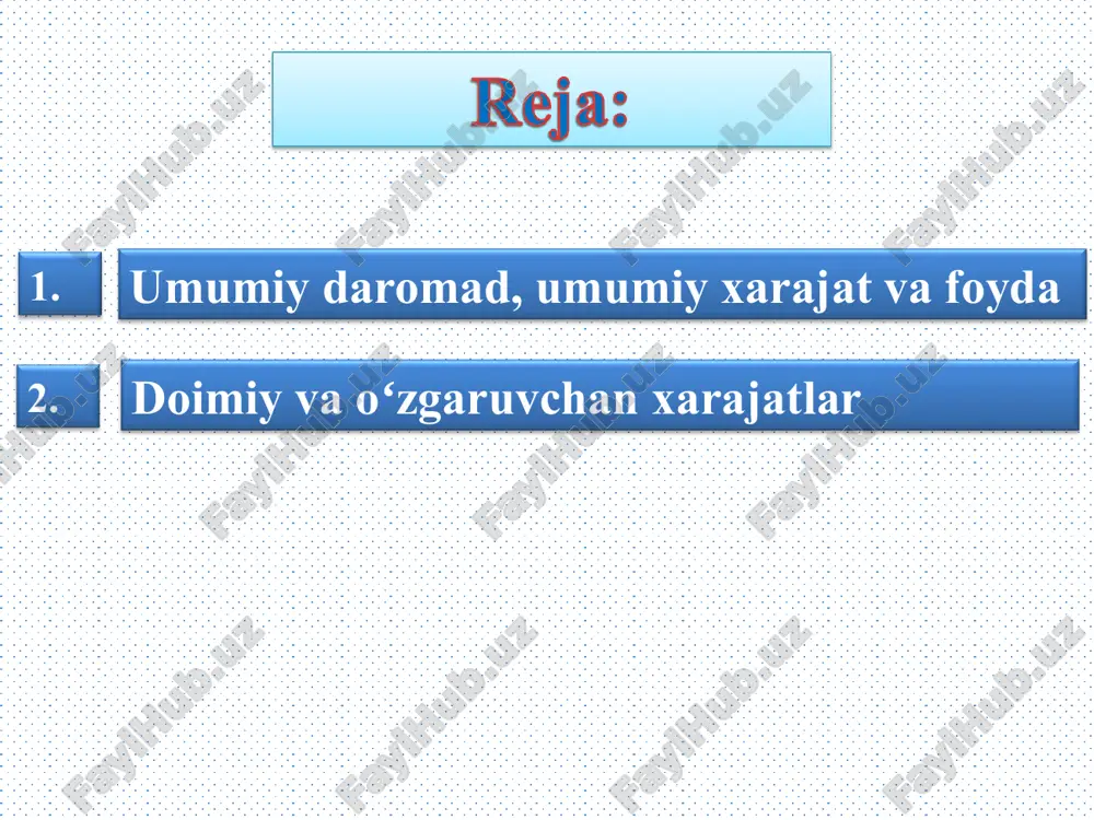 (b) umumiy xarajat egri chizigʻi umumiy xarajat egri chizigʻi mahsulot miqdori (a) cxizmadagi ishlab chiqarish funksiyasi yollangan ishchilar miqdori va ishlab chiqarilgan mahsulot miqdori oʻrtasidagi bogʻliqlikni koʻrsatadi. bu yerda yollangan ishchilar miqdori (gorizontal kesimda) birinchi jadvalda va birinchi ustunda berilgan va yaratilgan mahsulot miqdori (vertikal kesimda) ikkinchi ustunda berilgan. ishchilar miqdori oshgan sari ishlab chiqarish jarayoni tekislanib boradi, bu qoʻshimcha mahsulot kamayishini aks ettiradi. (b) chizmadagi umumiy narx elastikligi yaratilgan mahsulot miqdori va umumiy ishlab chiqarish xarajati oʻrtasidagi bogʻliqlikni koʻrsatadi. bu yerda yaratilgan mahsulot miqdori (gorizontal kesimda) birinchi jadvaldagi ikkinchi ustunda berilgan va umumiy xarajat (vertikal kesimda) oltinchi ustunda berilgan. chekli mahsulot kamayishi tufayli, umumiy xarajat elastikligi yaratilgan mahsulot ortishi bilan koʻtarilib borgan. firmaning ishlab chiqarish funksiyasi va umumiy-xarajat egri chizigʻi 9.2. doimiy va oʻzgaruvchan xarajatlar firmaning umumiy xarajatlari ikki turga boʻlinadi ya’ni - 1. doimiy xarajatlar - uni ishlab chiqarilgan mahsulot miqdoriga aloqasi yoʻq. ular firma hech narsa ishlab …