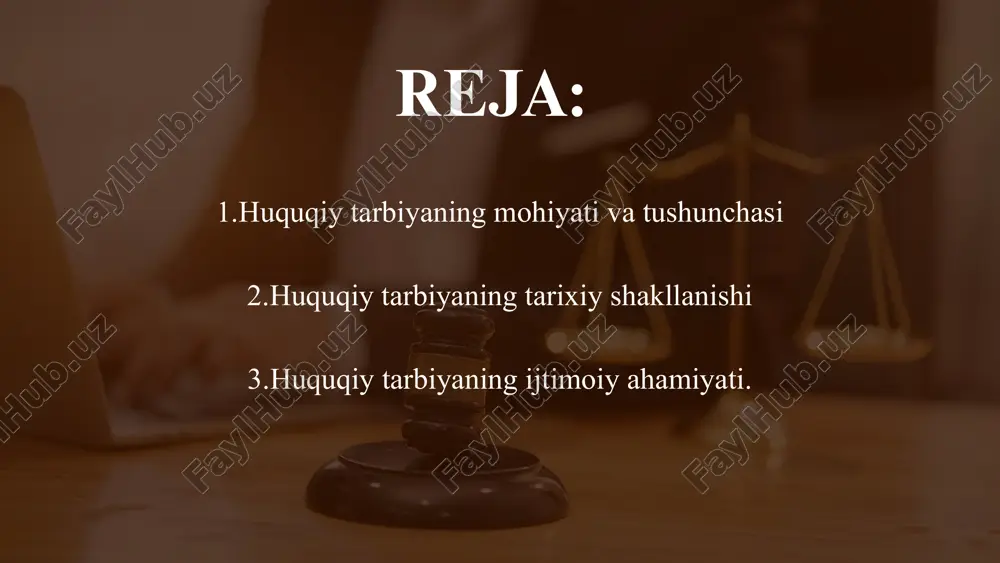iy tarbiya an’anaviy urf-odatlar, axloqiy me’yorlar va diniy e’tiqodlar orqali amalga oshirilgan. qonunlar yozma shaklda mavjud bo‘lmagan paytda jamiyat a’zolari odat huquqi (urf-odatlar, axloqiy normalar) asosida tarbiyalangan. huquqiy tarbiyaning tarixiy shakllanishi huquqiy tarbiyaning ijtimoiy ahamiyati. huquqiy tarbiya har qanday jamiyat rivojlanishining muhim omillaridan biri bo‘lib, uning asosiy maqsadi fuqarolarning huquqiy ongini shakllantirish va huquqiy madaniyatini yuksaltirishdir. jamiyatda huquqiy tarbiyaning yetarli darajada rivojlanishi fuqarolarning qonunlarga hurmat bilan qarashiga, huquqbuzarliklarning oldini olishga va demokratik jamiyat barpo etishga xizmat qiladi. huquqiy tarbiya har bir jamiyat uchun juda muhim bo‘lib, u fuqarolar huquqiy ongining rivojlanishiga, huquqiy madaniyatning yuksalishiga va qonun ustuvorligini ta’minlashga xizmat qiladi. jamiyatda huquqiy tarbiyaning to‘g‘ri yo‘lga qo‘yilishi natijasida qonunlarga hurmat oshadi, huquqbuzarliklarning oldi olinadi va demokratik jamiyat barpo etish jarayoni tezlashadi. xulosa xulosa sifatida aytish mumkinki, huquqiy tarbiya insonning huquqiy ongi va mas’uliyatini shakllantirish orqali demokratik jamiyat qurishda muhim omil hisoblanadi. shu sababli, huquqiy ta’lim va tarbiya tizimini doimiy takomillashtirish, jamiyatdagi …