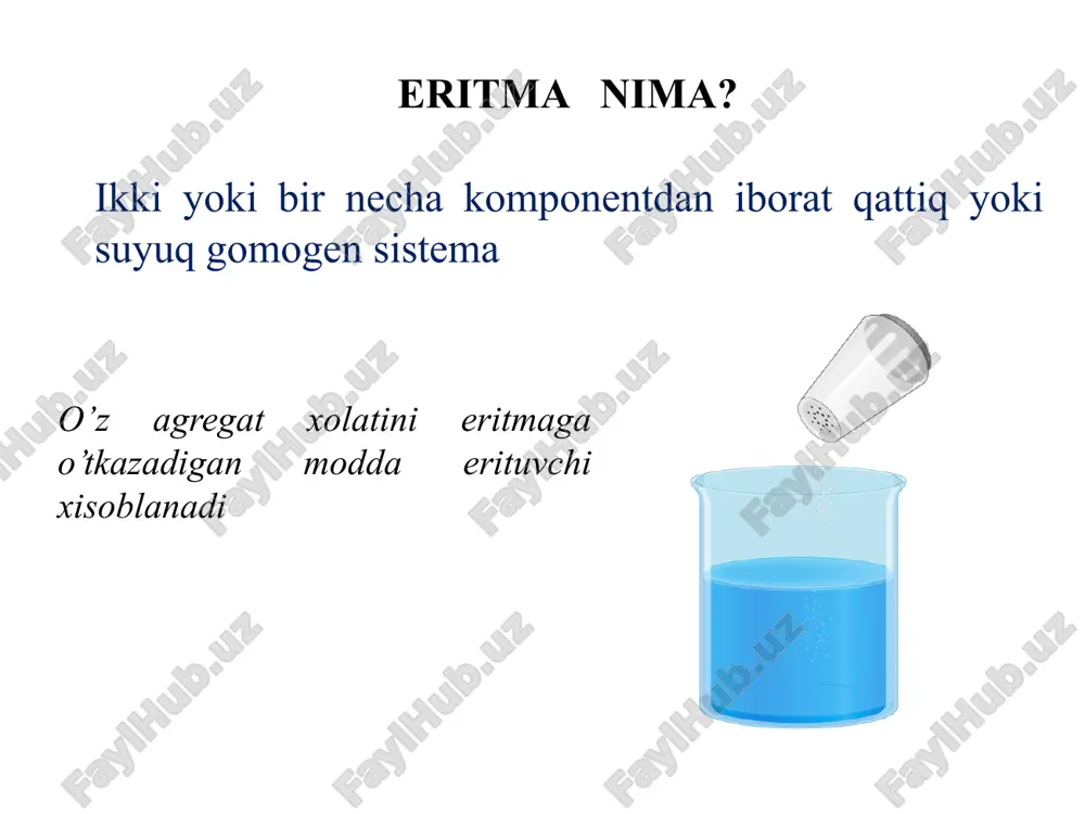 suyuqlikda erishi gazlarning suyuqliklarda erishi o’zgarmas temperaturada ma’lum xajm suyuqlikda erigan gazning massasi shu gazning bosimiga to’ri proportsional bir gazning erishiga aralashmadagi boshqa gazlar xalaqit bermaydi, erigan gazning miqdori uning partsial bosimigagina proportsional m- ma'lum xajmdagi suyuqlikda erigan gazning og’irligi p- gaz bosimi k- proporsionallik koeffisiyenti m = k.p genri qonuni genri-dalton qouni to’yingan bug’ bosimi suyuqlik bilan muvozanatda bo’lgan bug’ to’yingan bug’ deyiladi. to’yingan bug’ning idish devoriga beradigan bosimi shu suyuqlikning to’yingan bug’ bosimi deyiladi. to’yingan bug’ bosimi image1.png image2.jpeg image3.png image4.png image5.jpeg image6.jpeg image7.jpeg image8.png image9.png image10.jpeg image11.gif image12.jpeg /docprops/thumbnail.jpeg