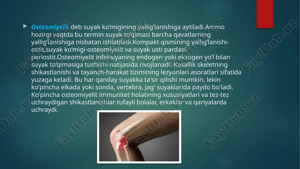 i 2)ikkilamchi xronik osteomiyeliti o'tkir subakut (1,5 - 3 oy) surunkali (3 oydan ortiq) atipik (birinchi navbatda surunkali) patogenizi o'tkir gematogen osteomielit patogenezining asosiy bo'g'ini suyakda o'tkir yallig'lanish o'chog'ining shakllanishi bo'lib, u standart qon tomir va to'qimalar o'zgarishlar majmuasi bilan tavsiflanadi. yallig'lanish jarayonining muhim xususiyati shundaki, u suyak trubasining qattiq devorlari bilan yopiladi; bu tomirlarni, keyin esa arteriyalarni siqib chiqarishga olib keladi. suyakning qon aylanishining buzilishining bunday talqinining bilvosita dalili medullar kanalida gipertenziya tufayli yuzaga keladigan og'riqdir. agar medullar kanali ichidagi yallig'lanish bosqichida osteomiyelitik jarayon aniqlanmasa, kasallik boshlanganidan 4-5 kun o'tgach, yiring suyak (haversian) kanallari va periosteum ostidagi ozuqa (volkmann) kanallari orqali asta-sekin tarqaladi. uni eksfoliatsiya qilish. keyingi davrlarda (8-10 kun va undan keyin) yiring yumshoq to'qimalarga parchalanib, mushaklararo va teri osti flegmonasini hosil qiladi. o’tkir gematogen osteomiyelit klinikasi.kasallik birdan boshlanib,haroratning baland ko’tarilishi(39-40) kamquvvatlilik,et uvishishi bilan davom etadi.bemor boshi og’riyotganidan,chanqayverishidan,qusayotganidan shikoyat qiladi.kasallikning dastlabki kunlarida og’riq goh tutib,goh bosilib turadi.qo’l-oyoqlar funksiyasi …