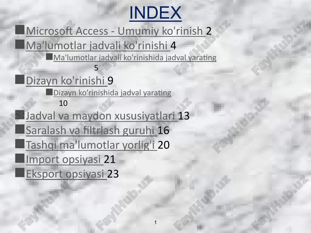ish yoki saqlangan protsedura ma'lumotlarini satr va ustun formatida aks ettiruvchi ko'rinish. ma'lumotlar jadvali ko'rinishida siz maydonlarni tahrirlashingiz, ma'lumotlarni qo'shishingiz va o'chirishingiz, ma'lumotlarni qidirishingiz mumkin. access 2007 da siz ma'lumotlar jadvali ko'rinishida jadvalga maydonlarni o'zgartirishingiz va qo'shishingiz mumkin. 4 ma'lumotlar jadvali ko'rinishida jadval yarating jarayon, ma'lumotlar jadvali ko'rinishida. ma'lumotlar jadvali ko'rinishi jadval yaratishning vizual usulini taqdim etadi. yangi, bo'sh ma'lumotlar bazasini yaratish yoki mavjud ma'lumotlar bazasiga yangi jadval qo'shish orqali boshlang. ikkala usul ham ma'lumotlar jadvali ko'rinishida yangi jadvalni ochadi. e'tibor bering, yangi jadvalda id deb nomlangan maydon mavjud. bu sizning asosiy kalitingiz, shuning uchun uni yaratishingiz shart emas. 5 jarayon, ma'lumotlar jadvali ko'rinishida. ma'lumotlar jadvali ko'rinishi jadval yaratishning vizual usulini taqdim etadi. maydonlaringizni qo'shish uchun birinchi bo'sh maydon sarlavhasini bosing - qo'shish uchun bosing . bu ma'lumotlar turlari menyusini boshlaydi va siz maydon uchun ma'lumotlar turini tanlaysiz. shundan so'ng, maydon sarlavhasi yozish uchun mavjud bo'ladi, shuning uchun... 6 jarayon, …