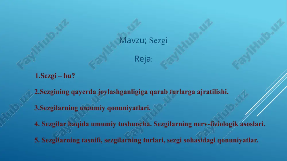 s xususiyat va qonuniyatlarga ega. sezgilarning umumiy qonuniyatlari sezgilarning yuzaga kelishi ma‘lum qonuniyatlarning asosida yuz beradi ma’lumki bizni o‘rab turgan tashqi olamdagi narsa va hodisalarning juda ko‘p belgi va xususiyatlari mavjud. masalan, narsalarning rangi, ta’mi, hidi, qattiq yoki yumshoqligi, g‘adir-budur yoki tekisligi, harorat va boshqalar. ana shu narsa va hodisalarning turli xil belgi, xususiyatlarini biz ham turlicha sezgi a’zolarimiz orqali ongimizda aks ettiramiz. zamonaviy tilda esa uni quyidagicha talqin qilsa bo‘ladi: tashqi olam xaqidagi tasavvurlarimizni qanday tuzishimiz; lagerdagi gulxanni yonishidan chiqayotgan tutunining aktiv neyron zanjirlariga aylanishi? qanday qilib biz tirik neyroximiyadan olovnito‘lqinini, temperaturasini hamda olovni tutunini hidini anglaymiz? miyamizda dunyoni rasmini aks ettirishimiz uchun, tashqi dunyoni fizikaviy energiyasini bilishimiz va uni nerv signallari shaklida kodlashiiz, va bu jarayon an’anaviy sezgi deyiladi. so‘ng esa biz buni olib biz o‘z sezgilarimizni tashkil qilishimiz va sharxlashimiz, va bu jarayon an’anaviy idrok deyiladi. masalan, inson ko‘zida katarakta bilan tug‘ilsa uni ko‘zlari yorug‘likni ko‘rmaydi, bu …