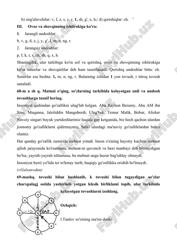 o'qing, so'zlarning tarkibida kelayotgan unli va undosh tovushlarga tasnif bering. insoniyat qadimdan go'zallikni ulug'lab kelgan. abu rayhon beruniy, abu am ibn sino, muqanna, jaloliddin manguberdi, ulug'bek, temur malik, bobur, alisher navoiy singari buyuk yurtdoshlarimiz haqida gap ketganida, biz hech qachon ulardan jismoniy go'zalliklarni qidirmaymiz, balki ulardagi ma'naviy go'zalliklardan bahra olamiz. har qanday go'zallik zamirida mehnat yotadi. inson o'zining hayotiy kuchini mehnat qilish jarayonida ko'rsatmasa, mehnat-ni quvonch va baxt manbayi deb bilmaydigan bo'lsa, yayrab-yayrab ishlamasa, bu mehnat unga huzur bag'ishlay olmaydi. insoniyat baxti yo'lida ter to'kmay turib, haqiqiy go'zallikka erishib bo'lmaydi. («gulxan»dan) 69-mashq. tovushi bilan boshlanib, k tovushi bilan tugaydigan so'zlar charxpalagj ostida yashirinib yotgan leksik birliklami topib, ular tarkibida kelayotgan tovushiarni izohlang. ochqich: l.tanlov so'zining ma'no-doshi. 2. uy parrandalarini saqlash uchun quriladigan kichkina uycha. 3. bug'doy chiqindisi. 4. darkor so'zining ma'no-doshi. 5. tuproq qotishmasi. 6. ochilmagan paxta. 7. yordam so'zining ma'nodoshi. eslatma: hamma so'zlar beshta tovushdan iborat bo'lib, «k» tovushi …