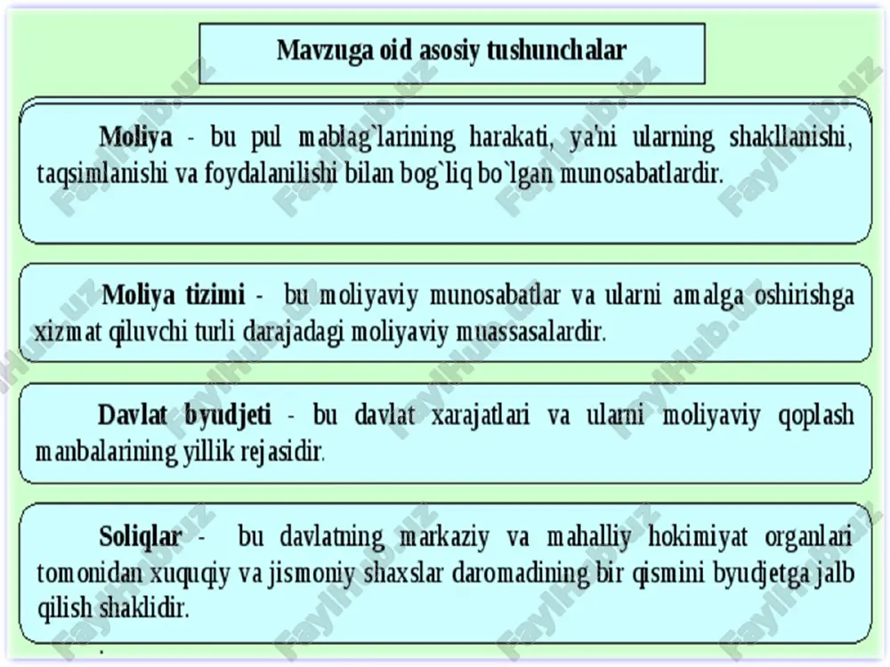 b moliya – bu iqtisodiy pul munosabatlarining yig`indisi bo`lib, u yordamida yaratilgan jami ijtimoiy maxsulot va milliy daromadni taqsimlash va qayta taqsimlash yo`li bilan korxona,tashkilot,birlashma va davlatni pul daromadlari va markazlashgan jamg`armalarini tashkil etish asosida kengaytirilgan takror ishlab chiqarishni amalga oshirish va aholini moddiy va madaniy extiyojlarini qondirishni ta`minlashdir. yuqoridagilardan kelib chiqib moliyaning obyekti bo`lib korxona, birlashma va xalq xujaligi tarmoqlarining pul jamg`armalari va moliyaviy rusurslarni tashkil etish, taqsimlash va foydalanish bilan bog`lik bo`lgan iqtisodiy munosabatlar hisoblanadi. moliyaning subyekti - bu moliya munosabatlarini ishtirokchilari, firmalar, davlat va nodavlat idoralaridan iborat yuridik va jismoniy shaxslar. moliyaviy siyosat - davlatning iqtisodiy va ijtimoiy rivojlanishini ta`minlash yuzasidan moliyaviy resurslar bilan ta`minlashga qaratilgan siyosat. moliyaning turli darajalari: - mikromoliya - bu firmalar, davlat va jamoat tashkilotlari moliya tizimini boshlang`ich va asosiy bug`ini hisoblanadi. mikromoliyaning muhimligi ularda moddiy boylik yaratiladi. ularning faoliyati jamiyatning iqtisodiy axvolini shakllantiradi. uning asosiy resurslari bo`lib foyda, ish haqi, aksiya va …