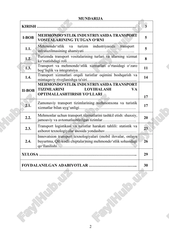 ondo‘stlik industriyasida transport vositalari – turizm infratuzilmasining ajralmas bo‘lagi sifatida muhim o‘rin tutadi. avtobuslar, taksilar, ijaraga beriladigan transport vositalari, aeroport va temiryo‘l xizmatlari sayyohlarni kutib olish, joylashtirish, sayohat qilish va kuzatishda asosiy rolni bajaradi. transport xizmatlarining zamonaviy, qulay va samarali tashkil etilishi mehmonlar ehtiyojini to‘liq qondirishda katta ahamiyatga ega. shu boisdan, ushbu kurs ishining mavzusi dolzarb va amaliy jihatdan ahamiyatlidir. kurs ishining maqsadi - mehmondo‘stlik industriyasida transport vositalarining o‘rni va ahamiyatini o‘rganish, ularning sayyohlar tajribasiga ta’sirini tahlil qilish hamda turizm xizmatlarini yaxshilashda transport tizimining tutgan o‘rnini asoslab berishdan iborat. mazkur ish orqali turistik marshrutlar, aeroport va vokzallardagi logistika jarayonlari, mehmonxonalarga yetib borish tizimi, ekskursiyalar uchun transport tashkiloti, ijaraga beriladigan transport vositalari kabi sohalarda transport xizmatlarining tashkil etilishi o‘rganiladi. bundan tashqari, transport infratuzilmasining rivojlanishi mehmonlar oqimini oshirishga qanday ta’sir ko‘rsatishini tahlil qilish, mavjud muammolarni aniqlash va ularni bartaraf etish bo‘yicha takliflar ishlab chiqish ushbu kurs ishining maqsadlaridandir. kurs ishining vazifalari - …