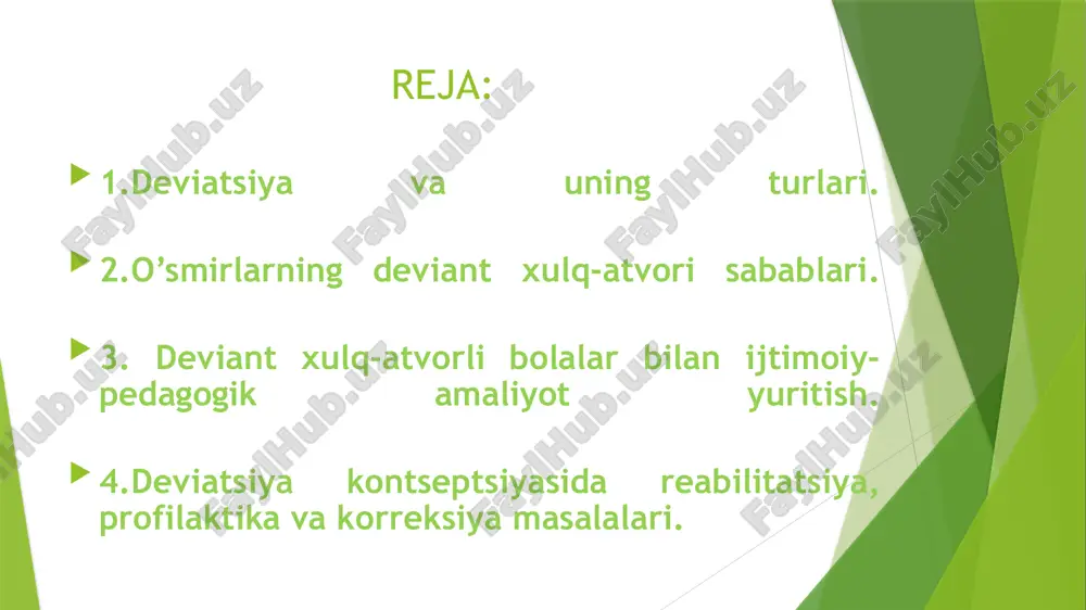 ulq-atvorni jamiyat rivoji va svilizatsiyasini bola shaxsiyatining xususiyatlarini inobatga olmaslik oqibatida buzilishiga olib keluvchi bolaning jamiyat bilan munosabati sifatida tushunsak bo’ladi. chetga chiquvchi xulq-atvor ijtimoiy dezadaptatsiya ko’rinishlaridan biri hisoblanadi. -maktabga qatnamaydigan maktab yoshidagi bolalar, -yetim bolalar, - ijtimoiy yetimlar, bolalar uylarida joylar yetishmasligi sababli ular oylab o’z navbatlarini ota-onalik huquqidan mahrum etilgan ota-onalari bilan yashagan holda kutishadi. shu bilan birga ular tuzuk ovqatlanishmaydi, jismoniy, ruhiy, jinsiy qiynoqlarga duchor bo’lishadi. bolalar va o’smirlar dezadaptatsiyasi haqida gapirganda bu jarayonga giriftor bo’lgan bolalar toifalarini aniqlab olish lozim: -giyohvand va toksin moddalar iste’mol qiluvchi bolalar, -jinsiy intizomsiz bolalar, -g’ayrihuquqiy xatti-harakatlar sodir etgan bolalar. rasmiy ma’lumotlarga ko’ra ularning soni kattalarga qaraganda ikki hissa tez oshmoqda. deviatsiya deviant, delikvent jinoiyxulq-atvordaniborat. deviant xulq-atvor -mikro ijtimoiy munosabatlar (oilaviy, maktabdagi munosabatlar) va kichik ijtimoiy guruhlarga xos bo’lgan ijtimoiy normalar va xulq-atvor qoidalarini buzish bilan bog’liq me’yordan og’uvchi xulq-atvor turlaridan biridir. bu xulq-atvorni g’ayriintizomiy deb atasak ham bo’ladi. deviant xulq-atvorning …