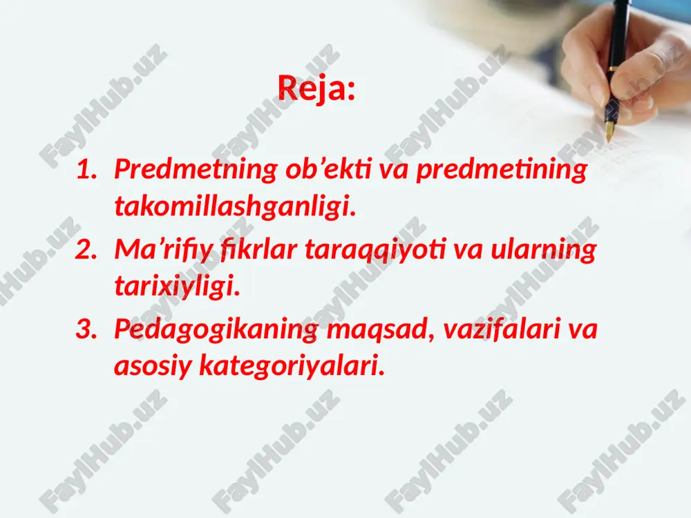 izimini ishlab chiqish, ilg‘ot xorijiy tajribalar asosida ta’lim va tarbiya nazariyasini rivojlantirish vazifasini hal etadi. abu nasr forobiyning asarlaridagi pedagogik fikrlar. asarlari: «baxt saodatga erishuv to‘g’risida», «fozil odamlar shahri», «aql ma’nolari haqida», «shaharni o‘rganish haqida» va boshqalar. forobiy birinchi bo‘lib ta’lim va tarbiyaga ta’rif bergan olimdir: ta’lim – so‘z va o‘rganish bilangina amalga oshiriladi. tarbiya – esa amaliyot, ish-tajriba bilan amalga oshiriladi. ta’lim-tarbiya ikki yo‘l bilan amalga oshiriladi: qanoatbaxsh, ilhomlantiruvchi so‘zlar va majbur etish. har kimki ilm, hikmatni desa, uni yoshligidan boshlasin, so‘zining ustidan chiqsin, yomon ishlardan saqlanadigan bo‘lsin, hiyonat, makr va hiylalardan uzoq bo‘lsin, diyonatli bo‘lsin, ilm va ahli ilmdan mol-dunyosini ayamasin. abu nasr forobiy abu rayhon beruniyning ilmiy-pedagogik qarashlari. beruniy insonni tabiatning eng oliy kamoloti deb qaraydi. u insonning ma’naviy qiyofasidagi barcha axloqiy xislatlarni yaxshilik va yomonlik kabi ikki turga bo‘ladi. beruniy ta’limotiga ko‘ra inson kamolotida uch narsa muhim rol’ o‘ynaydi: 1.irsiyat. 2.muhit. 3.tarbiya. beruniyning ilmiy bilimlarni egallash …