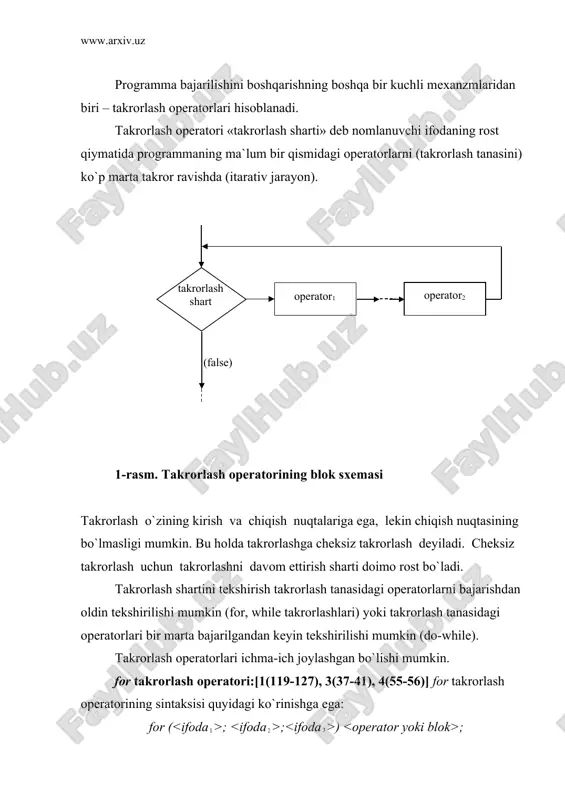 i - takrorlash sanagichi vazifasini bajaruvchi o`zgaruvchisiga boshlang`ich qiymat berishga xizmat qiladi va u takrorlash jarayoni boshida faqat bir marta hisoblanadi. ifodada o`zgaruvchi e`loni uchrash mumkin va bu o`zgaruvchi takrorlash operatori tanasida amal qiladi va takrorlash operatoridan tashqarida «ko`rinmaydi» (c++ builder kopiilyatori uchun); - takrorlashni bajarish yoki yo`qligini aniqlab beruvchi mantiqiy ifoda, agar shart rost bo`lsa, takrorlash davom etadi, aks holda yo`q. agar bu ifoda bo`sh bo`lsa, shart doimo rost deb hisoblanadi; - odatda takrorlash sanagichning qiymatini oshirish (kamaytirish) uchun xizmat qiladi yoki unda takrorlash shartiga ta`sir boshqa amallar bo`lishi mumkin. takrorlash operatorida qavs ichidagi ifodalar bo`lmasligi mumkin, lekin sintaksis `;` bo`lmasligiga ruxsat bermaydi. shu sababli sodda ko`rinishdagi takrorlash operatori quyidagicha bo`ladi: for(;;) cout va ifodalarida zarur operatorlarni `,` bilan yozish orqali bunga erishish mumkin: takrorlash operatorining har bir qadamida j va i o`zgaruvchi qiymatlari mos ravishda o`zgarib boradi. for operatorida takrorlash tanasi bo`lmasligi ham mumkin. masalan, programma bajarilishini ma`lum …