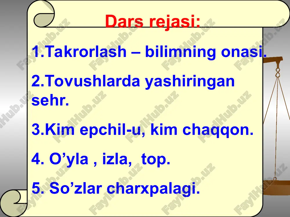 osh 2-guruh: qalamkash 3-guruh: mustaqillik 1.nimalarni oltin qimmati bilan o`lchab bo`lmaydi : ota - onaning duosini, mehrini, ota-ona yuzidagi nurni. yana chin do`stni, yorning vafosini, farzandning kulgisini. tohir malik. 4-topshiriq kichik… 2.inson bir-biri bilan subhidamda salomlashishi, ahvol so`rashi, bir-biriga omonlik, tinchlik tilashi, xushnud mulozamat hadya etishi ko`ngilni yayratadi va yaxshi kayfiyat bag`ishlaydi, shuningdek, ishtiyoqni oshiradi. bu noyob ne`matdan barcha bahramand bo`lishi bag`oyat buyuk ishdir. 6.gar gunoh orttirsang o`zingga og`ir, vijdon azobida qovurilsang bot-bot, hayhot ! kimga borib dod deysan, axir qayga bekinasan o`zingdan, hayhot ! a.oripov o`g`lim ! farzandingni bir ishni boshlashdan oldin “bismillohir rahmonir rohim” deb aytishga o`rgat. shuningdek , ovqatlanishdan oldin ham . ayni o`rganadigan payti uni o`z holiga tashlab qo`yma, chunki parvarishsiz daraxtning mevasi bemaza bo`ladi.