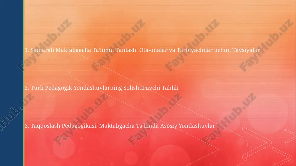 ing 50% dan ko'prog'i faol ishtirok etadi va jamoaviy ishga odatlanadi, an'anaviy usullar esa individual ishlashga ko'proq moyil. an'anaviy usullar nazariy bilimlarni 70% ga yaqinroq ta'minlaydi, loyiha uslubi esa amaliy ko'nikmalarni va muammolarni hal qilish strategiyasini rivojlantirishga 30% ko'proq urg'u beradi. baholovchi va rivojlantiruvchi baholash tizimlarini taqqoslash rivojlantiruvchi baholash, bolaning kuchli va kuchsiz tomonlarini aniqlashga yordam beradi va o'qituvchilarga individual yondashuv va o'quv jarayonini 20% ga yaxshilashga imkon beradigan ta'lim dasturini moslashtirishga imkon beradi. baholovchi tizim, asosan, standartlashtirilgan testlar va baholarga asoslangan bo'lib, bolaning bilim va ko'nikmalarini 10 balldan 5 ballgacha bo'lgan shkalada baholaydi, rivojlanishni kuzatishga qaraganda natijalarga ko'proq e'tibor qaratadi. kelajakdagi istiqbollar va tavsiyalar maktabgacha ta'limda qo'llaniladigan 3-5 ta turli pedagogik yondashuvlarni birlashtiruvchi integrativ dasturlarni ishlab chiqish va joriy etish orqali ta'lim sifatini sezilarli darajada oshirish mumkin. ta'lim jarayoniga ilg'or texnologiyalarni, jumladan, interaktiv o'quv vositalarini va onlayn platformalarni joriy etish orqali 5 yil ichida maktabgacha ta'limning raqobatbardoshligini 15% ga …