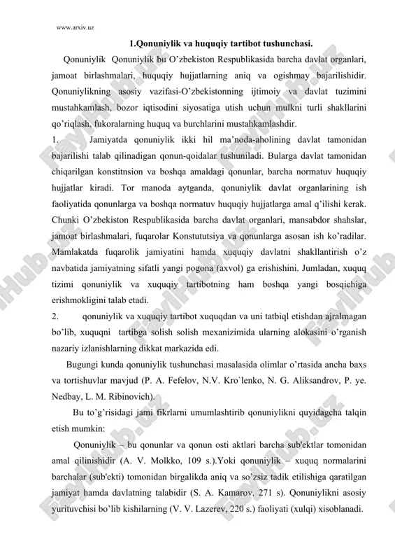 cha talqin etish mumkin: qonuniylik – bu qonunlar va qonun osti aktlari barcha sub'ektlar tomonidan amal qilinishidir (a. v. molkko, 109 s.).yoki qonuniylik – xuquq normalarini barchalar (sub'ekti) tomonidan birgalikda aniq va so’zsiz tadik etilishiga qaratilgan jamiyat hamda davlatning talabidir (s. a. kamarov, 271 s). qonuniylikni asosiy yurituvchisi bo’lib kishilarning (v. v. lazerev, 220 s.) faoliyati (xulqi) xisoblanadi. bu yerda kishilarning faoliyati qonuniylikning xususiyatlari normativ yoki xuquqni qo’llash xujjatlarini to’g’ri qabul qilishda va qo’llashda namoyon bo’lishini belgilab beradi. chunki, bu xujjatlar (va munosabatlar)ning qonuniyligi yoki noqonuniyligi katta ahamiyatga ega. jumladan, ba'zi normativ aktlarning aniq qonuniyligi (konstitutsiyaga xilof qonun va normativ aktla r) sssrda 30-50 yillarda asosiz ravishdagi repressiyaga sababchi bo’lgan. qonuniylikning moxiyati (mazmuni) kup jixatdan uning tarkibidagi sub'ektlarga bog’liqdir. ya'ni, ba'zi olimlarning fikricha, sub'ektlar tarkibioga ijtimoiy munosabatlar ishtirokchilarining barchasi kirishsa(davlat, uning organlari, jamoiat tashkilotlari, shaxslar, fuqarolar va boshqalar.)ba'zi olimlar bu sub'ektlar doirasidagi fuqarolarni chiqarib tashlaydilar yoki ba'zi hollarda jamoat tashkilotlarini …