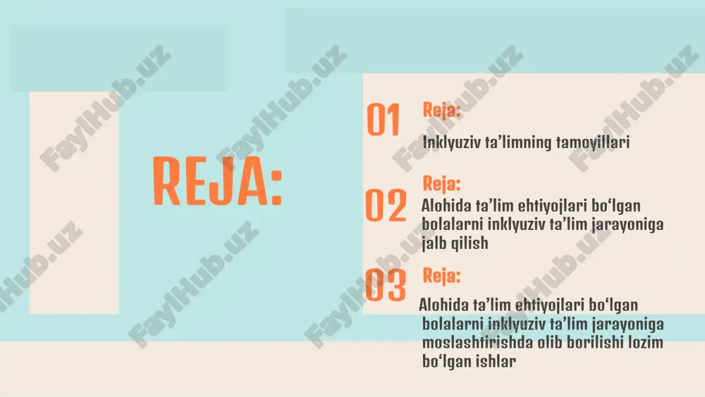 utaxassislar barcha toifadagi bolalar ta’lim olishlari uchun mutaxassislarni tayyorlash kerak 02 maktab alohida ta’lim ehtiyojlariga ega bo‘lgan bolalarni maktabda ta’lim olishlari uchun barcha shart- sharoitlarni yaratish kerak 01 jamiyat nogironligi bo‘lgan shaxslarga nisbatan jamiyat qarashlarini ijobiylashtirish kerak reja: 02 alohida ta’lim ehtiyojlari bo‘lgan bolalarni inklyuziv ta’lim jarayoniga jalb qilish aqliy, jismoniy tashqi ko‘rinishga muvofiq bolaning qobiliyati va imkoniyatlariga muvofiq inklyuziv ta’lim maxsus ta’lim alohida ta’limga ehtiyojlari bo‘lgan bolalar odatda ta’limga jalb qilinishlarida: inklyuziv ta’limning bosh g‘oyasi: “bola ta’lim jarayoniga emas, ta’lim jarayoni bola imkoniyatiga moslashtiriladi”. ana shundagina, alohida ta’lim ehtiyojlari bo‘lgan bolalarni ham teng huquqligini ta’minlagan holda ta’lim berishimiz mumkin bo‘ladi. muhim eslatma! alohida ta’lim ehtiyojlari bo‘lgan bolalarning toifalari 1-toifa 2-toifa 3-toifa 4-toifa 5-toifa 6-toifa 7-toifa eshitishida nbb ko‘rishda nbb nutqida nbb harakat-tayanchida nbb aqliy rivojlanishda nbb psixik yetishmovchiligi bb murakkab nuqsonli bolalar 7 ta toifa 1 eshitishida nbb 2 ko‘rishida nbb 4 nutqida nbb 3 harakat-tayanchida nbb 5 psixik …