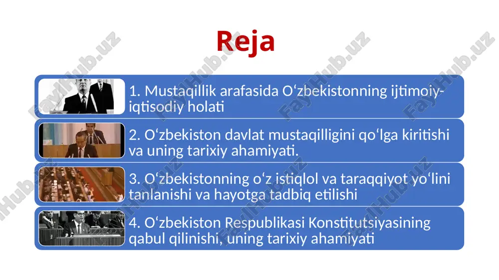da"gi o‘zssr qonuni, 1991 yil 25 oktyabrda qabul qilingan vazirlar mahkamasining "o‘zbekiston respublikasining ichki ishlar vazirligi to‘g‘risida"gi qarorlari muhim ahamiyat kasb etdi. 1991 yil 15 fevralda o‘zbekiston oliy kengashi «o‘zbekistonning davlat ramzlari to‘g‘risida» maxsus qaror qabul qildi. o‘zbekiston prezidentining 1991 yil 25 avgustdagi farmoniga binoan respublika ichki ishlar vazirligi va davlat xavfsizligi qo‘mitasi qonuniy ravishda o‘zbekiston respublikasi tasarrufiga olindi. respublika hududida joylashgan sssr ichki ishlar vazirligining ichki qo‘shinlari bevosita o‘zbekiston prezidentiga bo‘ysundirildi. o’zbekiston ssrda prezidentlik institutining joriy etilishi (1990 yil 24-mart) “mustaqillik deklaratsiyasi” ning qabul qilinishi 1990 yil 20-iyun 1990-1991-yillar davomida… 1991 yil fevral - mart oylarida ittifoq shartnomasi loyihasi ustida ishlashning ikkinchi bosqichi bo‘lib o‘tdi. unda boltiqbo‘yi respublikalari, gruziya, armaniston, moldova vakillari qatnashmadi, ozarbayjon kuzatuvchi bo‘lib qatnashdi. bu bosqichda ittifoq bilan respublikalar vakolatlarini farqlab qo‘yishga harakat qilindi. 1991 yil aprelda kiyevda ukraina, rossiya, belarus, o‘zbekiston, qozog‘iston respublikalari rahbarlarining uchrashuvi bo‘ldi. uchrashuvda mustaqil respublikalar manfaatlariga mos keladigan ittifoq shartnomasini tuzishga …