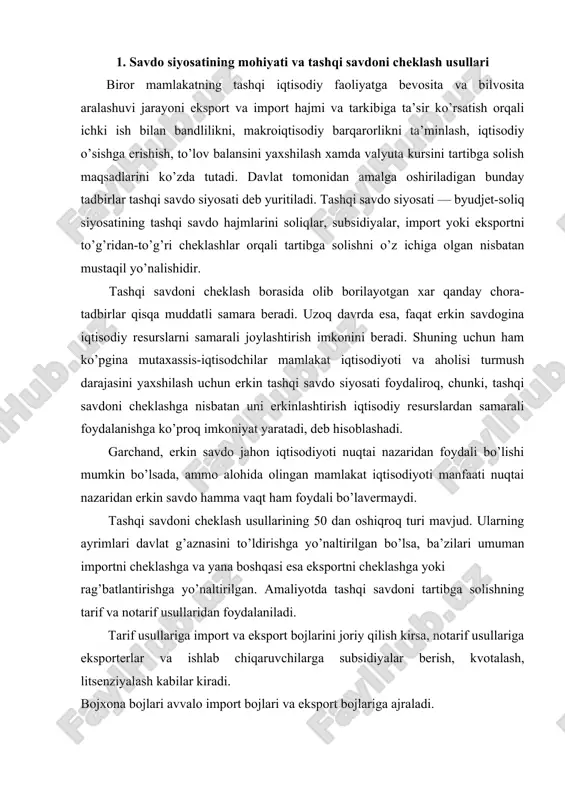 bo’lsa, ba’zilari umuman importni cheklashga va yana boshqasi esa eksportni cheklashga yoki rag’batlantirishga yo’naltirilgan. amaliyotda tashqi savdoni tartibga solishning tarif va notarif usullaridan foydalaniladi. tarif usullariga import va eksport bojlarini joriy qilish kirsa, notarif usullariga eksporterlar va ishlab chiqaruvchilarga subsidiyalar berish, kvotalash, litsenziyalash kabilar kiradi. bojxona bojlari avvalo import bojlari va eksport bojlariga ajraladi. import bojlari davlat byudjetini to’ldirish maqsadida va ichki bozorlarga tushadigan chet el tovarlari oqimini tartibga solish uchun belgilanadi. o’z navbatida ular eng kam va eng ko’p miqdordagi import bojlariga bo’linadi. eng kam miqdordagi import bojlari o’zaro qulay sharoitlarni yaratib berishni ko’zda tutuvchi savdo shartnomalari va bitimlari bo’lgan mamlakatlar mahsulotlariga o’rnataladi. eng ko’p miqdordagi import bojlari esa bunday shartnoma va bitimlar tuzilmagan mamlakatlar mahsulotiga nisbatan o’rnatiladi. eksport bojlari mamlakat ichida talab ko’p bo’lgan mahsulotlar taqchilligining oldini olish maqsadida belgilanadi. 2. importga tariflarning ishlab chiqaruvchilarga va iste’molchilarga ta’siri xalqaro savdoni tartibga solishda eng ko’p qo’llaniladigan usul bo’lib tarif, …