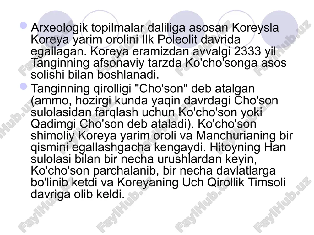 o’raydi. hitoy o’z armiyasini bir qismini koreylarga yordam uchun jo’natadi. bu esa hitoy va yaponiya urushini keltirib chiqaradi(1894-95 yillarda bo’ladi). natijada yaponiya g’alabasi bilan tugaydi,koreya esa amalda yaponiya protektorati ostiga tushib qoladi. koreyaning bo`linishi rus-yapon urushi tugagandan so’ng,garchi koreys-yapon tinchlik sulhi tuzilgan bo’lsada amalda, koreya yaponiya protektorati ostiga o’tadi va deyarli mustaqilligini yo’qotadi. 1910 yilga kelib yaponiya koreyani to’liq bosib oladi, natijada koreya to’liq yaponiyaga o’tadi. 1945 yilda yaponiyani 2 jahon urushida mag’lubiyatga uchrashi,koreydagi yaponlarning boshqaruvini barham topishiga olib keladi. ammo koreyaning shimoliy qismini sssr, janubiy qismini esa aqsh eggalab oladi. koreya urushi ikkinchi jahon urushidan so'ng koreyaning shimolini sssr, janubini esa aqsh armiyasi ishg’ol etdi. germaniya bo'linganidak, bu yerda ham bir davlat ikkiga bo'lindi va ikki hukumat tuzi1di. 1949-yi1da sssr vа aqsh koreyadan o'z armiyalari olib chiqib ketdi1ar. 1950-yi1ning 25-iyunida shimoliy koreya armiya chegarani buzib o'tdi vа janubiy koreyaga hujum qildi. aqsh ushbu masa1aning вмт da muhokama etilishiga erishdi. …