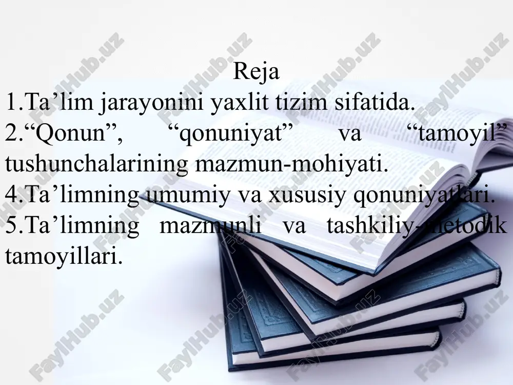 qaratilganligi, uning kuchlari kelgusida qay yo‘sinda safarbar etilishi mazmun o‘qitish jarayonida egallanishi lozim bo‘lgan ilmiy bilim, amaliy ko‘nikma va malakalar, faoliyat, fikrlash usullari tizimi. tashkil etish qo‘yilgan maqsadni samarali amalga oshirish uchun unga zaruriy shaklni taqdim etadigan, aniq mezonlar bo‘yicha tartiblangan didaktik jarayon. shakl o‘quv jarayonining tashqi ifodasi, uning ichki mohiyati, mantig‘i, mazmuni uchun qobiq. metod o‘qitishning maqsad va vazifalariga erishish (amalga oshirish) yo‘li. vosita o‘quv jarayonining predmetli qo‘llab-quvvatlanishi, yangi materialni o‘zlashtirish jarayonida o‘qituvchi va talabalar tomonidan foydalaniladigan ob’ yekt. natija o‘quv jarayonining so‘nggi mahsuli, belgilangan maqsadlarning amalga oshganlik darajasi 3-topshiriq. zamonaviy ta’lim paradigmalarini aniqlashda ikki qismli kundalik metodi orqali yoritish. paradigma an’anaviy paradigma bixevioristik paradigma insonparvarlik (fenomenologik) paradigma ilmiy-texnik, texnokratik paradigma ezoterik paradigma 3-topshiriq. zamonaviy ta’lim paradigmalarini aniqlashda ikki qismli kundalik metodi orqali yoritish (javobi). paradigma aniq vaqt doirasida ilmiy jamoatchilikka muammolarni aniqlash va ularni hal etish modeli sifatida taqdim etiladigan barcha ilmiy yutuqlarga tegishli tadqiqot vazifalarini hal etish …