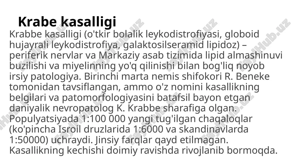 rayonlar tufayli miya hajmining pasayishi makroskopik tarzda aniqlanadi. dori-darmonlarni mikroskopik o'rganish oligodendrositlarning o'limini, miyelinning yo'qolishini, demiyelinatsiya joylarida ko'p yadroli globoid hujayralarining to'planishini ko'rsatadi. diagnostika dastlab, bemorlar odatda odatdagi harakatlar va yurishlarning buzilishi haqida xarakterli shikoyatlar bilan nevrologga murojaat qilishadi. dastlabki qabulda spastik tipdagi mushak tonusining oshishi, jakobson-weasel va babinskiyning ikki tomonlama ijobiy reflekslari, muvofiqlashtirishning buzilishi va boshqalar aniqlanadi. krabbe kasalligi tashxisini tasdiqlash uchun bir qator diagnostik testlar qo'llaniladi-neyroimaging, elektrofiziologik, laboratoriya: miya kt yoki mri. dastlabki belgilar serebellumdagi demiyelinatsiya zonalari, subkortikal shakllanishlar, piramidal yo'llardir. kech bosqichda miya yarim sharlari va korpus kallosum atrofiyasi tomografik bo'limlarda ingl. mr spektroskopiyasi paytida qo'shimcha tasdiqlovchi ma'lumotlar olinadi. elektrofiziologik diagnostika. enmg yordamida periferik nervlarni o'rganish demiyelinatsiya tufayli asab uzatish tezligining pasayishini ko'rsatadi. eeg ma'lumotlariga ko'ra, alfa-ritning buzilishi yoki yo'qligi aniqlanadi krabbe kasalligini davolash patologiyani davolash mumkin emas, shuning uchun barcha choralar simptomatik yo'nalishga ega. qo'llab-quvvatlovchi antikonvulsant, suvsizlanish, ferment terapiyasi amalga oshiriladi. motor funktsiyasini yaxshilash uchun terapevtik …