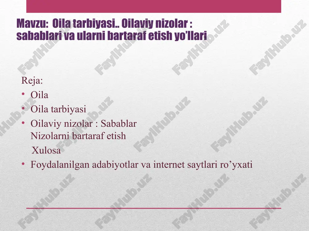 shaxsiy xususiyatlari-nl hisobga olish, boladagi oʻzgarishlarni kuzatib borish, undagi mustaqillikka intilish va tashabbuskorlik sifatlarini qoʻllabquvvatlash va h.k. oila qanchalik tartibli, uning aʼzolari oʻrtasidagi munosabat samimiy boʻlsa, oila tarbiyasi ham shunchalik muvaffaqiyatli boʻladi. oila tarbiyasida ota-ona obroʻsi, ularning kuzatuvchanligi, sezgirligi, hozirjavobligi muhim tarbiyaviy ahamiyatga ega. oila tarbiyasida tarbiya jarayoni zerikarli, quruq nasihatgoʻylikdan iborat boʻlib qolmasligi lozim. bola hayotining koʻp qismi oilada oʻtadi. shu boisdan mavjud anʼanalar, urf-odatlar, rasm-rusumlar va marosimlarning ijobiy taʼsirida bola asta-sekin ka-mol topib boradi. anʼana va marosim oila tarbiyasining qudratli qurolidir. oila tarbiyasi ijtimoiy tarbiya bilan uzviy aloqada boʻlsagina, kutilgan natijalarga eri-shish mumkin. oila tarbiyasida yutuklarga erishish ota-onalarning pedagogik bilimlarga egaligi, oila tarbiyasi boʻyicha tajribalar alma-shishi, ota-onalarni tarbiyaviy ishlarga qizgʻin jalb qilishga ham bogʻliqdir. har bir ota-ona oila tarbiyasida oʻzlarining burch va masʼuliyatlarini chuqur anglashlari lozim. normal oilaviy muhit, bolani kitob oʻqishga, mehnat qilishga oʻz vaqtida jalb etish ham oila tarbiyasining muvaffaqiyati garovidir. oilada ota yoki onaning yoʻqligi …
