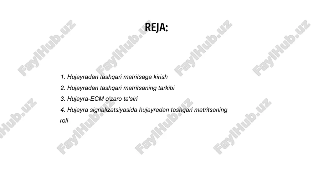 shi va differentsiatsiyasi kabi turli xil hujayra jarayonlarida hal qiluvchi rol o'ynaydi. ushbu o'zaro ta'sirlar to'qimalarning tuzilishi va funktsiyasini saqlab qolish uchun zarurdir. 03 hujayra-ecm o'zaro ta'sirining buzilishi turli kasalliklarga, jumladan saraton va fibrozga olib kelishi mumkin. hujayralar va ecm o'rtasidagi munosabatlarni tushunish yangi terapevtik yondashuvlarni ishlab chiqish uchun muhimdir. 02 hujayra signalizatsiyasida hujayradan tashqari matritsaning roli hujayradan tashqari matritsa tizimli qo'llab-quvvatlash va hujayra xatti-harakatlarini tartibga solish orqali hujayra signalizatsiyasida hal qiluvchi rol o'ynaydi. u hujayralar o'rtasida aloqa tarmog'i vazifasini bajaradi, bu ularga o'zaro ta'sir qilish va atrofdagi turli xil ogohlantirishlarga javob berish imkonini beradi. hujayra yuzasidagi retseptorlar bilan bog'lanib, hujayradan tashqari matritsa hujayra o'sishi, differentsiatsiyasi va ko'chishi kabi jarayonlarni tartibga soluvchi signal yo'llarini ishga tushirishi mumkin. hujayradan tashqari matritsa (ecm) - bu hujayralarni tizimli qo'llab-quvvatlaydigan oqsillarning murakkab tarmog'idir. hujayraning hujayradan tashqari matritsaga yopishishi hujayraning ecmga yopishishi hujayraning omon qolishi, ko'payishi va differentsiatsiyasi uchun juda muhimdir. hujayralar va ecm o'rtasidagi …