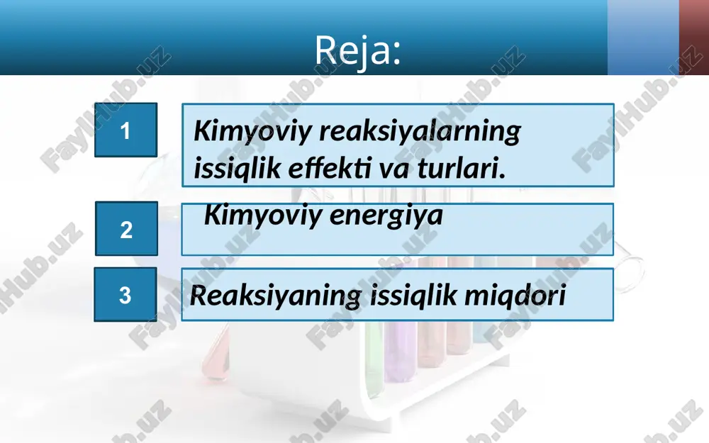 yasi farqi bilan aniqlanadi va kilojoullarda (kj) ifodalanadi. kimyoviy reaksiyalar davomida issiqlik (energiya) chiqishi yoki yutilishiga qarab ham ekzotermik va endotermik reaksiyalarni farqlash mumkin. ekzotermik endotermik issiqlik (energiya) yutilishi bilan boradigan reaksiyalar endotermik (endo – ichkari) reaksiyalar deb ataladi. bu reaksiyalarda issiqlik miqdori «–» (minus) ishora bilan ko‘rsatiladi: n2 + o2 = 2no – 181 kj; 3o2 = 2o3 – 289 kj. image2.jpeg image3.jpeg image4.jpeg image5.jpeg image6.jpeg image7.jpeg image8.jpeg image9.jpeg image10.jpeg image11.jpeg image12.jpeg image13.jpeg image14.jpeg image15.jpeg image16.jpeg image17.jpeg image18.jpeg image19.jpeg image20.jpeg image21.jpeg image1.jpeg