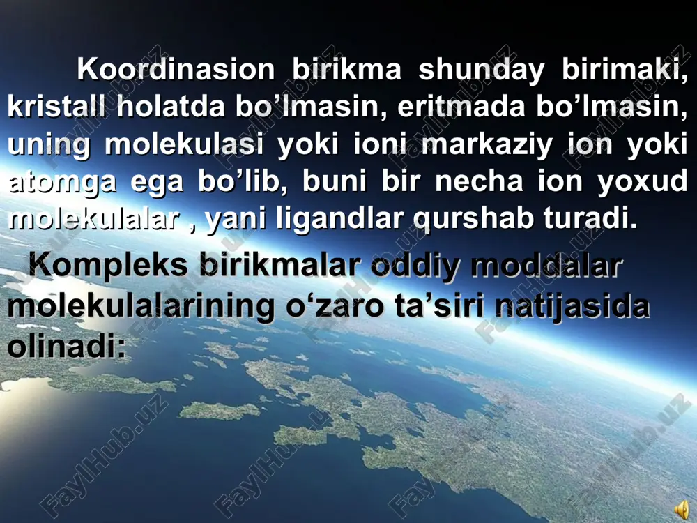 i ion 3- kompleks ion zaryadi no-2 no-2 no-2 na3[co(no2)6] koordinatsion soni 6, anion kompleks fe3+ cn- cn- cn- tashqi sferali ion ligandlar markaziy atom yoki kompleks hosil qiluvchi ion ichki sferali ion 3- kompleks ion zaryadi cn- cn- cn- k3[fe(cn)6] koordinatsion soni 6, anion kompleks k+ k+ k+ oh- zn2+ oh- oh- oh- na+ na+ na2[zn(oh)4] al3+ h2o h2o h2o h2o h2o h2o cl- cl- cl- kation [al(h2o)6]3+ (3+) + (0) · 6 = 3+ fe3+ cn- cn- cn- tashqi sferali ion ligandlar markaziy atom yoki kompleks hosil qiluvchi ion ichki sferali ion 3- kompleks ion zaryadi cn- cn- cn- k3[fe(cn)6] koordinatsion soni 6, k+ k+ k+ 25.0 anion kompleks co3+ na+ na+ na+ no-2 no-2 no-2 tashqi sferali ion ligandlar markaziy atom yoki kompleks hosil qiluvchi ion ichki sferali ion 3- kompleks ion zaryadi no-2 no-2 no-2 na3[co(no2)6] koordinatsion soni 6, anion kompleks [pt(nh3 ) 2cl2] (2+) + …