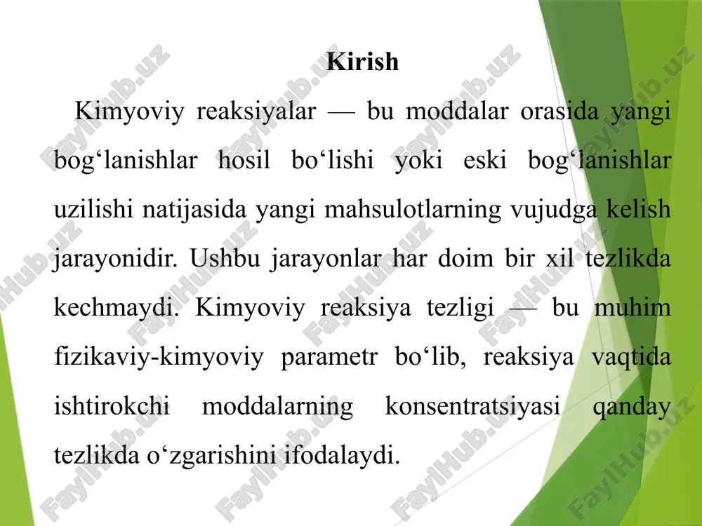irishayotgan moddalarning tabiatiga, temperaturaga va katalizatorga bog‘lik bulib, konsentrasiyaga boglik emas. reaksiyaning tezliklari k ning kiymati bilan takkoslanadi. agar reagentlarning stexiometrik koeffisiyentlari birdan boshka bulsa, masalan: aa + bb = cc uchun massalar ta'siri konunining matematik ifodasi quyidagicha buladi: v=k[a]a.[b]b temperatura. reaksiya tezligining tempraturaga bog`liqligi vant-goff qoidasi bilan aniqlanadi. vant-goff qonuni: tempratura xar har 10 c ga kitarilganda kipchilik reaksiyalarning tezligi 2-4 marta ortadi. 1.2. kimyoviy reaksiya tezligiga konsentratsiya ta’siri. reaksiya tezligining konsentratsiyaga bog’liqligi. a va b moddalar o’zaro kimyoviy reaksiyaga kirishish uchun ularning molekulalari bir-biri bilan to’qnashishi kerak. to’qnashuvlar qancha ko’p bo’lsa, reaksiya shuncha tez ketadi. reaksiyaga kirishuvchi moddalarning konsentratsiyasi qancha yuqori bo’lsa, to’qnashuvlar soni ko’p bo’ladi. kimyoviy reaksiya tezligiga konsentratsiyani tasirini 1867-yil norvegiyalik olimlar; k.mguldberg va p.vagelar tomonidan kimyoviy kinetikaning asosiy qonuni massalar tasiri qonuni kashf etildi. bu qonunga ko’ra: kimyoviy reaksiya tezligi reaksiyaga kirishayotgan moddalar konsentratsiyalari ko’paytmasiga proporsional va reaksiya tenglamasidagi modda formulasi oldidagi koefitsent konsentratsiya darajasiga …