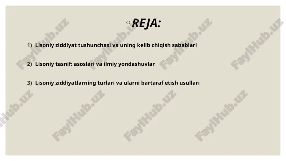 oshirish bo‘yicha targ‘ibot ishlari 2. tillarni qo‘llab-quvvatlash va rasmiy maqom berish 4.ko‘p tillilikni ijobiy qadriyat sifatida targ‘ib qilish 5.til o‘rganish imkoniyatlarini kengaytirish lisoniy ziddiyatlar turlari: etnik-lisoniy ziddiyat – til muayyan etnik guruhning identiteti sifatida namoyon bo‘lib, boshqa guruhlar bilan to‘qnashuv yuzaga keladi. davlat siyosati bilan bog‘liq ziddiyat – rasmiy til yoki til siyosati sababli paydo bo‘ladi. madaniy-lisoniy ziddiyat – til orqali madaniyat va qadriyatlar o‘rtasida to‘qnashuv bo‘ladi. ta’lim va kommunikatsiyadagi lisoniy ziddiyatlar – o‘qitish tili yoki axborot olish huquqi bilan bog‘liq muammolar. xulosa lisoniy ziddiyatlar zamonaviy jamiyatlar hayotida muhim ijtimoiy va madaniy masala sifatida namoyon bo‘lmoqda. ularning kelib chiqishi, asosan, tilga nisbatan siyosiy, ijtimoiy yoki madaniy munosabatdagi nomutanosibliklar bilan bog‘liq. lisoniy tasnif orqali esa tillar o‘rtasidagi o‘xshashliklar va farqlar aniqlanib, bu tillarni chuqurroq o‘rganish imkonini beradi. ziddiyatlarning turli shakllari mavjud bo‘lib, ularni bartaraf etish uchun adolatli til siyosati yuritish, ko‘p tillilikni qadrlash va har bir tilda so‘zlashuvchi jamiyat a’zolarining huquqlarini …
