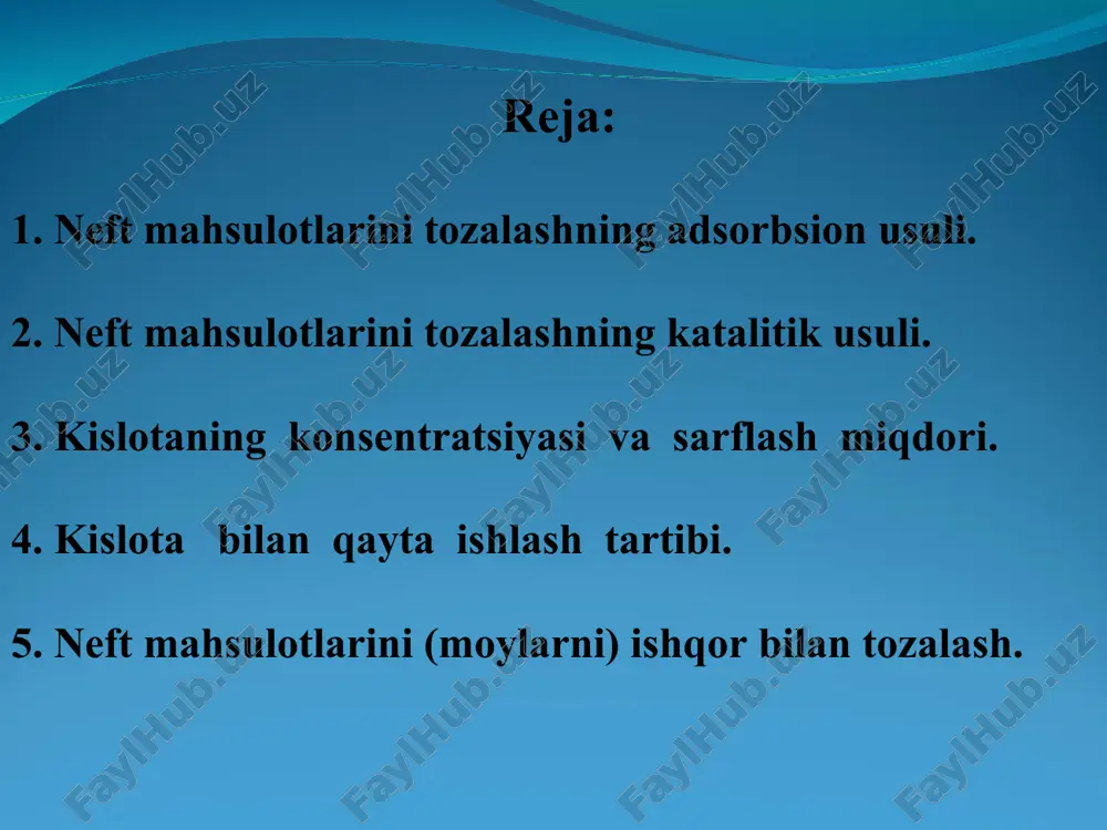 alashning katalitik usuli kontakt tozalashda moylar maydalangan oqartiruvchi tuproq bilan aralashtiriladi. adsorbentning aktivligi uni maydalanganligi darajasiga bog‘liq bо‘lganligi uchun uni yaxshilab maydalanadi. moyni yopishqoqligini kamaytirish uchun, uni adsorbentning govaklariga sо‘rilishini yaxshilash uchun moyni qizdiriladi. jarayonning harorati xom ashyoni sifatiga, adsorbentning tabiatiga (xossasiga), talab qilingan tozalash darajasiga bog‘liq. yengil distillyat moylari 80-120os da kontakt qilinadi, о‘rta distillyat moylari 140-170os da, ogir moylar 180-220os. jarayonni effektivligi moyni tuproq bilan kontakt vaqtining о‘lchamiga bog‘liq. kontakt vaqti 20-25 min. davom etadi. jarayonning afzalligi - tozalash darajasini boshqarish mumkinligi. bu esa tayyorlanayotgan moyni rangini о‘zgarishi bilan aniqlanadi va jarayonni haroratini va adsorbentni moyga nisbatan olingan nisbati bilan boshqariladi. moy tо‘xtovsiz tozalanadi, zararli aralashmalar birdaniga ajratib olinadi. jarayonni kamchiliklariga: adsorbentni regeneratsiya qilishni qiyinligi adsorbent bilan birgalikda 35-40% moyni yо‘qotilishi, moyni yuqori haroratda sintetik alyumosilikatlar ta’sirida biroz krekingga uchrashi, adsorbentni qurilmada regenerirlanmasligi. * moylarni sulfat kislota yordamida tozalanganda moy fraksiyasidan smolasimon asfalten moddalar, tо‘yinmagan uglevodorodlar, naften kislotalari …