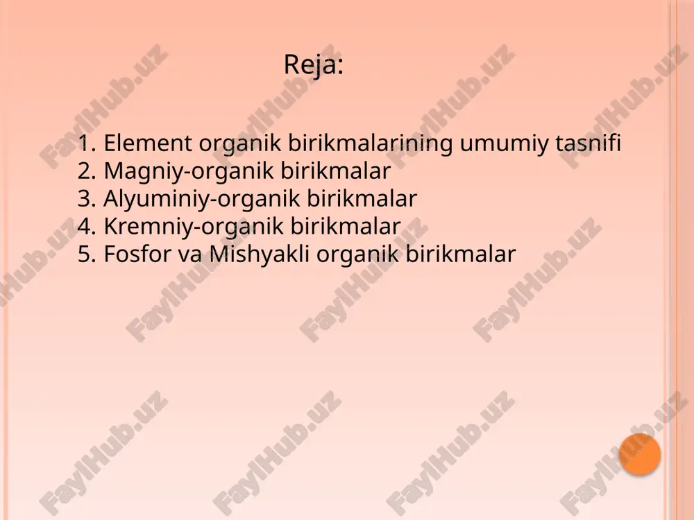 atomi bilan to‘g‘ridan to‘g‘ri bog‘langan metall yoki metallmas atomlari bor birikmalar element-organik birikmalar deyiladi. birinchi bo‘lib element - organik birikmalarni 1849-yilda ingliz olimi e. frankland kashf etdi, u etil yodidga rux ta’sir ettirib dietil ruxni sintez qildi va uglerod atomlari metallar bilan bevosita bog‘lanishi mumkinligini ko‘rsatdi: elemant organik biriknalar: element-organik birikmalar metall-organik birikmalar va metallmas- organik birikmalarga bo‘linadi. ular tuzilishiga ko‘ra ikki guruhga bo‘linadi: 1. sof element-organik birikmalar. bunday birikmalarda element atomlari faqat uglevodorod radikali bilan bevosita bog‘lanadi: 2. aralash element-organik birikmalar. bularda element atomlari uglevodorod radikali bilan birga boshqa element bilan birikkan bo‘ladi. magniy-organik birikmalar magniy - organik birikmalar galoid alkillarning suvsizlantirilgan (absolut) efirdagi eritmasiga magniy metali ta’sir ettirib olinadi: bu reaksiyani birinchi bo‘lib 1861-yilda fransuz kimyogari f. grinyar ochgan, shu sababli uni grinyar reaksiyasi deb atalib, hosil qilingan magniy-organik birikmani grinyar reaktivi deb ataladi. grinyar reaktivi ko‘pgina moddalarni sintez qilishda foydalaniladi.odatda, hosil qilingan magniy-organik birikma efirdan ajratib o‘tirilmaydi, …