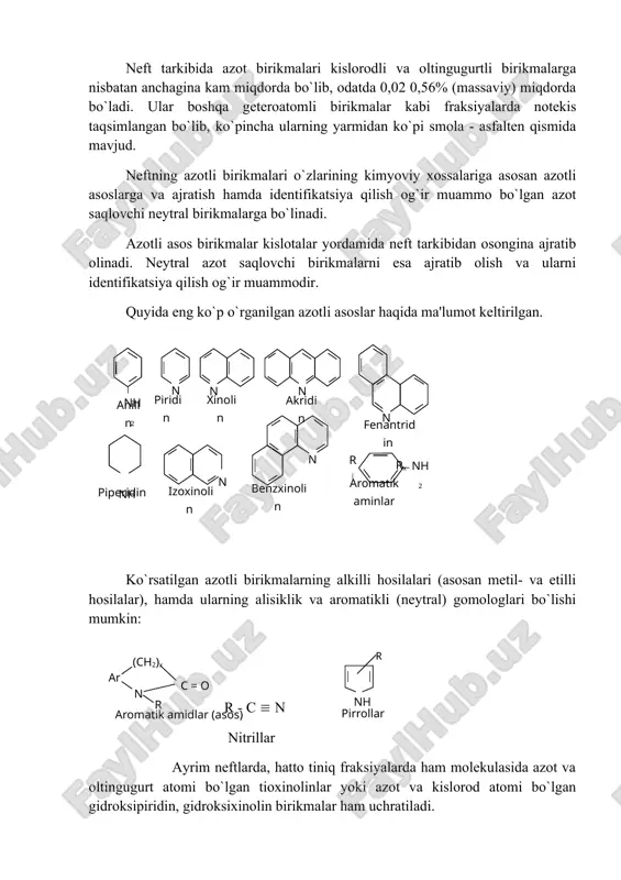 n. neftning neytral azot – organik birikmalari azot saqlovchi neytral birikmalar asosan pirrol, indol va karbazol hosilalari, hamda kislota amidlaridan iborat. pirrolning alifatik qator hosilalari neftdan ajratib olinmagan, biroq, ularning mavjudligi haqida fikr - gumonlar ham yo`q emas. pirrolning aromatik hosilalari bo`lmish indol, karbazol va ularning gomologlari topilgan va neftdan ajratib olingan. masalan, aqsh neftlarida quyidagi birikmalar va ularning hosilalari borligi aniqlangan: karbazol, benzokarbazol hosilalarining miqdori yuqori qaynaydigan fraksiyalar (450-5400c) da ortib borib, azotli birikmalarning asosiy qismini tashkil qiladi. undan tashqari, og`ir neft qoldiqlarida porfirinlar (metin ko`prigi orqali bog`langan 4 pirrol halqasi) va kislota amidlari mavjuddir. benzin fraksiyalarida azot amalda aniqlanmaydi. azotli birikmalar azotli asoslarining ko`pchilik qismi dizel va keng gazoyl fraksiyalarida yig`ilgan. azotli birikmalarning asosiy massasi 5000c gacha haydaluvchi fraksiyadan so`ng qolgan qoldiqda kuzatilib, asosan karbazol va pirrol hosilalaridan, ya'ni, neytral azotli birikmalardan iborat bo`ladi. azotli asoslarga esa qoldiqdagi azotning 1/3 qismi to`g`ri keladi. neftning oltingugurt saqlovchi birikmalari hozirda …