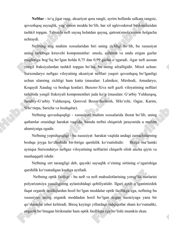 xususiyati uning organik moddadan hosil bо‘lgan degan nazariyaga yana bir qо‘shimcha isbot keltiradi. biroq keyingi yillardagi tadqiqotlar shuni kо‘rsatadiki, organik bо‘lmagan birikmalar ham optik faollikga ega bо‘lishi mumkin ekan. neftning yana bir muhim xususiyatlardan biri, uning lyuminisensiya qobiliyatidir, ayniqsa undagi smola, asfalten va boshqa lyuminerlardan tashkil topishi. yengil neftlar havo rang va kо‘kish lyuminisensiya, shuningdek og‘irlari - sariq, qung‘irsimon-sariq va qoramtirdir. neftning bu xususiyatini bilish amaliyotda kernani tekshirishda juda katta ahamiyatga egadir (kernada neftlarning izlari qoladi). neftlarning asosiy qismi 3 xil uglevodorodlardan iborat: ular metanli (parafinli yoki tо‘yingan uglevodorodlar, yo bо‘lmasa alkanlar), naftenli (tо‘yinmagan uglevodorodlar yoki siklanlar) va aromatik yoki benzolli (о‘ta tо‘yinmagan uglevodorodlar yoki arenlar) deb ataladi. neft tarkibidagi uglevodorodlar u yoki bu guruh kо‘pligiga qarab metanli, naftenli va aromatlilarga bо‘linadilar. bundan tashqari neftlar oraliq turlarga metanli-naftenli, metan-aromatli, naften-aromatli va boshqalarga bо‘linadilar. parafinli uglevodorodlar yoki alkanlar. umumiy ifodasi - cnh2n+2. bular tо‘yingan uglevodlorodlar ham deyiladi oddiy a’zolari о‘z molekulasida …