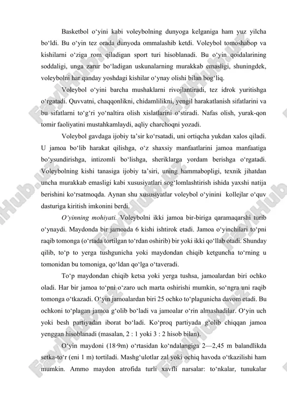 ladi va jamoalar o‘rin almashadilar. o‘yin uch yoki besh partiyadan iborat bo‘ladi. ko‘proq partiyada g‘olib chiqqan jamoa yenggan hisoblanadi (masalan, 2 : 1 yoki 3 : 2 hisob bilan). o‘yin maydoni (18·9m) o‘rtasidan ko‘ndalangiga 2—2,45 m balandlikda setka-to‘r (eni 1 m) tortiladi. mashg‘ulotlar zal yoki ochiq havoda o‘tkazilishi ham mumkin. ammo maydon atrofida turli xavfli narsalar: to‘nkalar, tunukalar bo‘lmasligi lozim. maydon shunday joyda bo‘lishi kerakki, o‘yin chog‘ida quyosh nuri ko‘zga tushmasin. maydon 5 sm kenglikdagi chiziq bilan o‘raladi. u ham maydon sathiga kiradi. maydon o‘rtasidagi chiziq uni ikkiga bo‘lib turadi. har bir maydonchaning to‘g‘ri chizig‘i orqasidan to‘p o‘yinga kiritiladi. o‘rta chiziq bo‘ylab (chetki chiziqdan 50 — 100 sm uzoqlikda) voleybol ustunchalari o‘rnatiladi. ustunchada o‘g‘il bolalar uchun ilmoq balandligi 2 m 20 sm, qizlar uchun 2 m 10 sm; o‘smirlar uchun 2 m 35 sm, erkaklar uchun 2 m 43 sm, ayollar uchun 2 m 24 sm bo‘ladi. aytib o‘tganimizdek, voleybol …