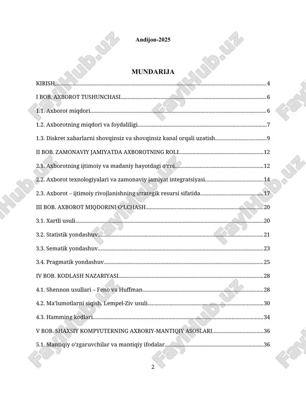 iyatning asosiy tayanchlaridan biri sifatida shakllanmoqda. aynan shunday sharoitda informatikaning nazariy asoslarini chuqur o‘rganish dolzarb ahamiyat kasb etadi. informatika nazariyasi – bu axborot tushunchasini matematik model sifatida ifodalash, uni uzatish, kodlash, tahlil qilish va samarali boshqarish jarayonlarini o‘rganuvchi muhim fan sohasi hisoblanadi. bu fan orqali talabalar axborotni qanday miqdoriy baholash mumkinligini, turli kodlash tizimlari va ularning afzalliklarini, xatoliklarni aniqlash va tuzatish usullarini, axborotni uzatishning ishonchlilik darajalarini, shuningdek, mantiqiy va arifmetik asoslarda ishlov berish jarayonlarini puxta o‘zlashtiradilar. mazkur mustaqil ish doirasida informatika fanining nazariy jihatlari har tomonlama chuqur yoritib beriladi. birinchi bobda axborot tushunchasi, uning miqdori, foydaliligi, shuningdek, axborotni diskret shaklda shovqinli yoki shovqinsiz kanallar orqali uzatish masalalari tahlil qilinadi. ikkinchi bobda esa zamonaviy jamiyatda axborotning ijtimoiy, madaniy, texnologik va iqtisodiy hayotdagi o‘rni ko‘rib chiqiladi. bu bobda axborot texnologiyalari va jamiyat o‘rtasidagi o‘zaro integratsiya hamda axborotning strategik resurs sifatidagi ahamiyati chuqur yoritiladi. uchinchi bobda axborot miqdorini o‘lchashga oid turli yondashuvlar: xartli …